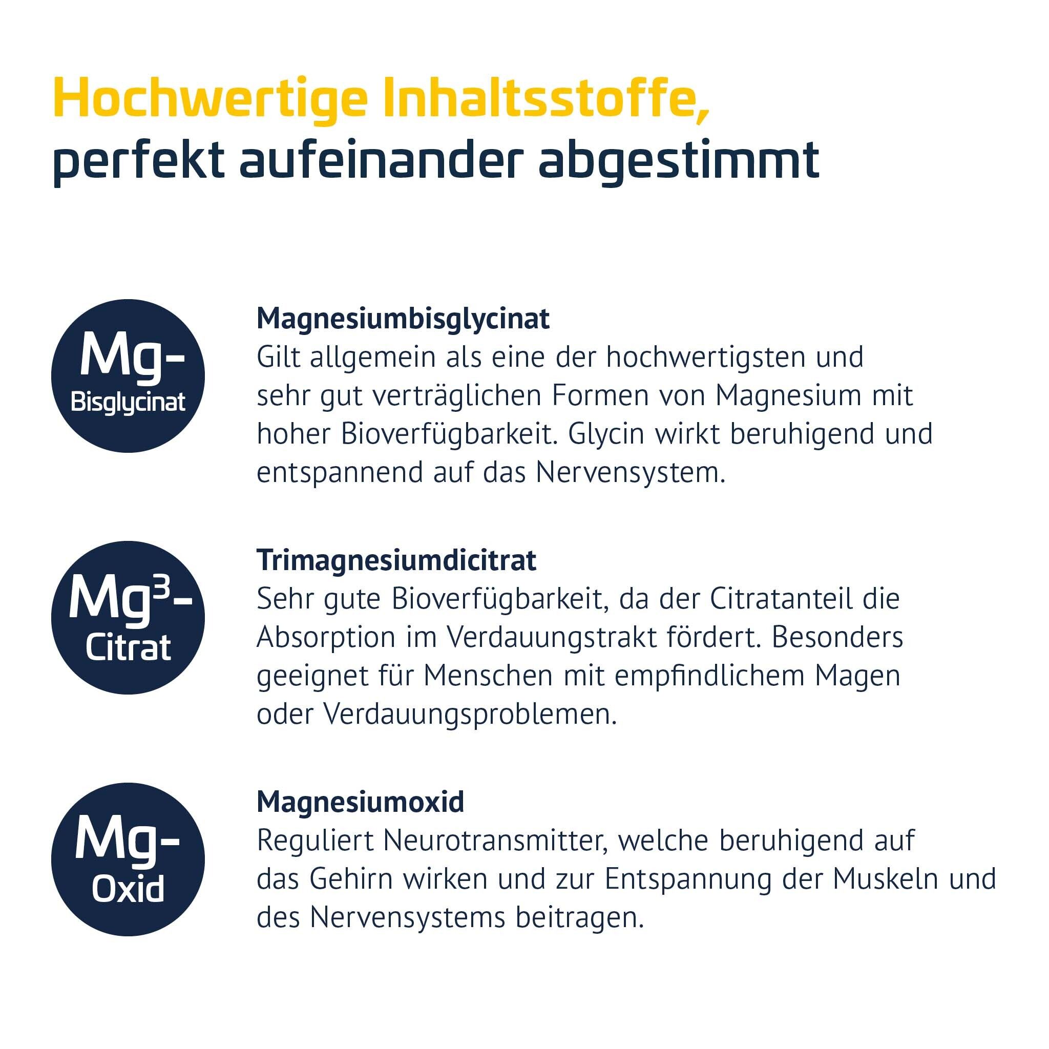 Text mit Inhaltsstoffen: Magnesiumbisglycinat, Trimagnesiumdicitrat, Magnesiumoxid.