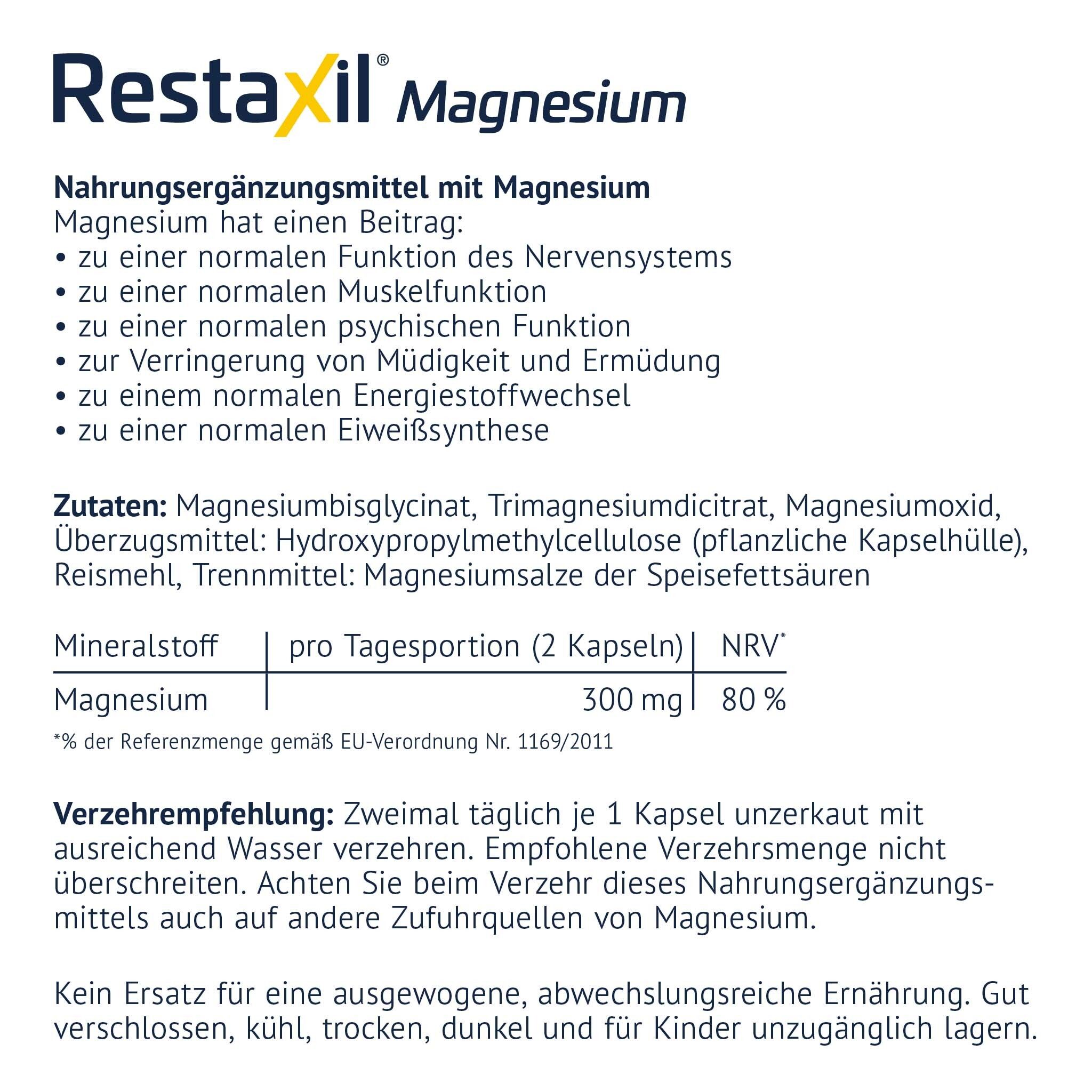 Produktflasche mit Etikett. Text: "Restaxil Magnesium". Zusätzliche Informationen.