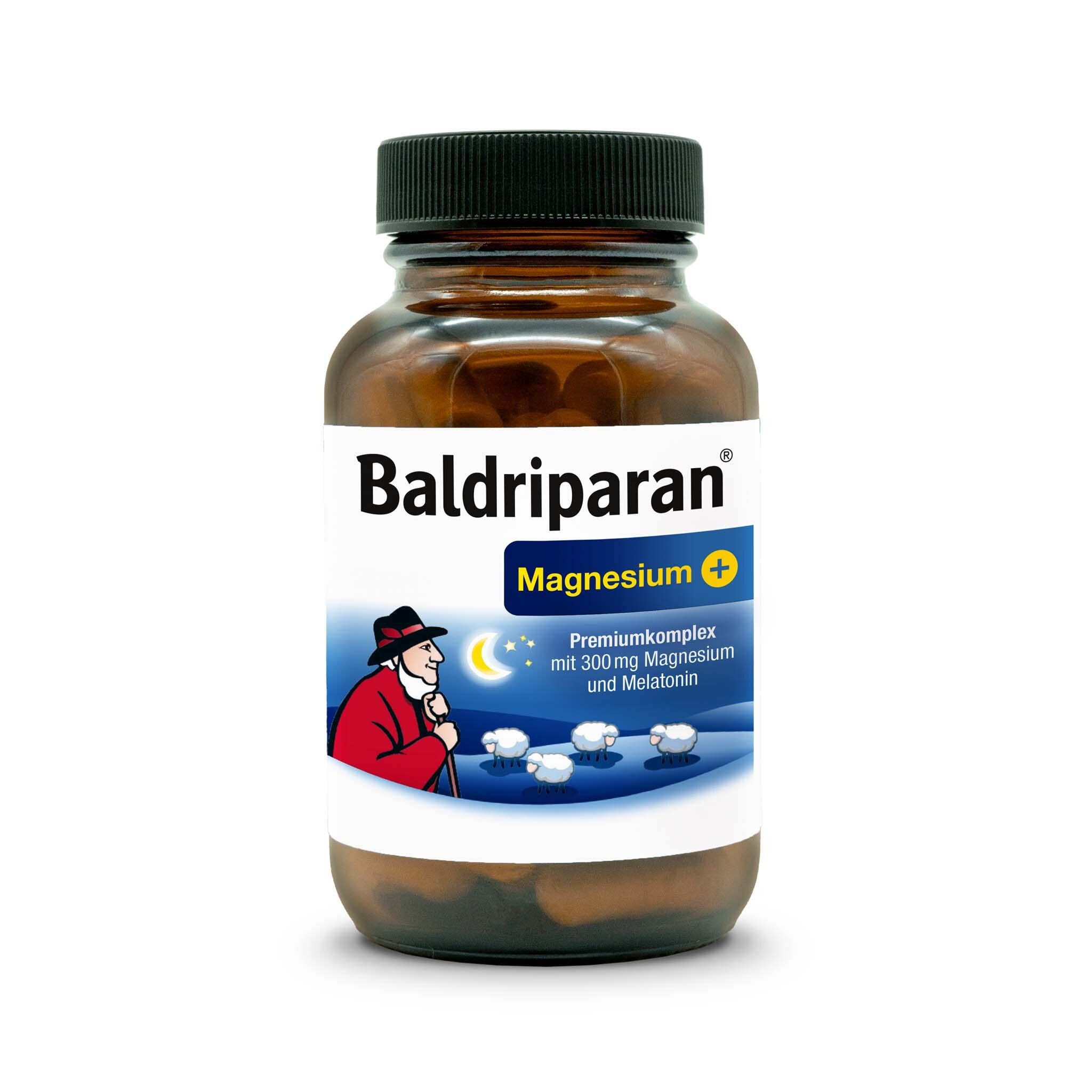 Braune Glasflasche mit Kapseln. Aufschrift: Baldriparan Magnesium+. Abbildung: Mann mit Schafen und Mond.