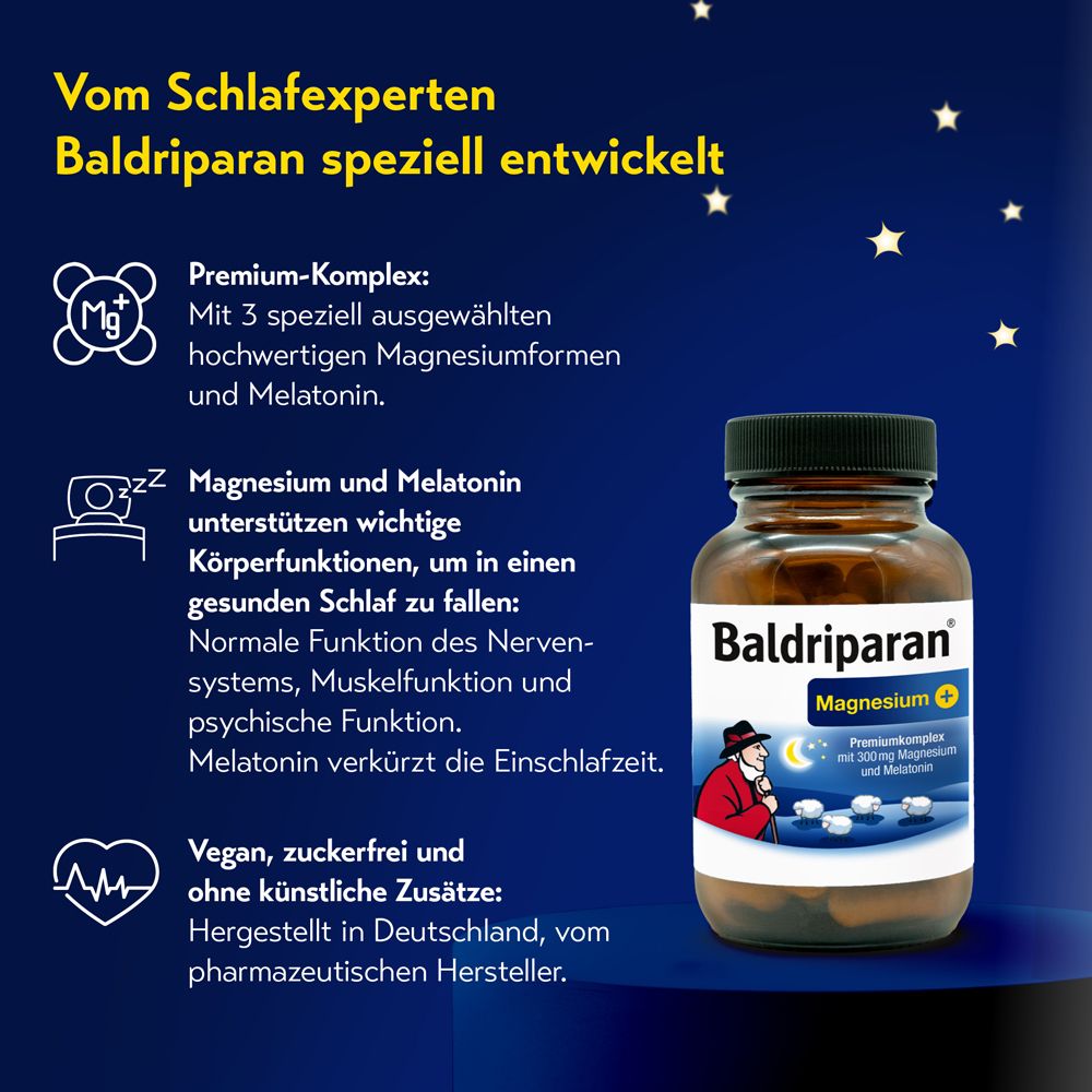 Baldriparan Magnesium Plus Dose, mit Text über Premium-Komplex, vegan, zuckerfrei.