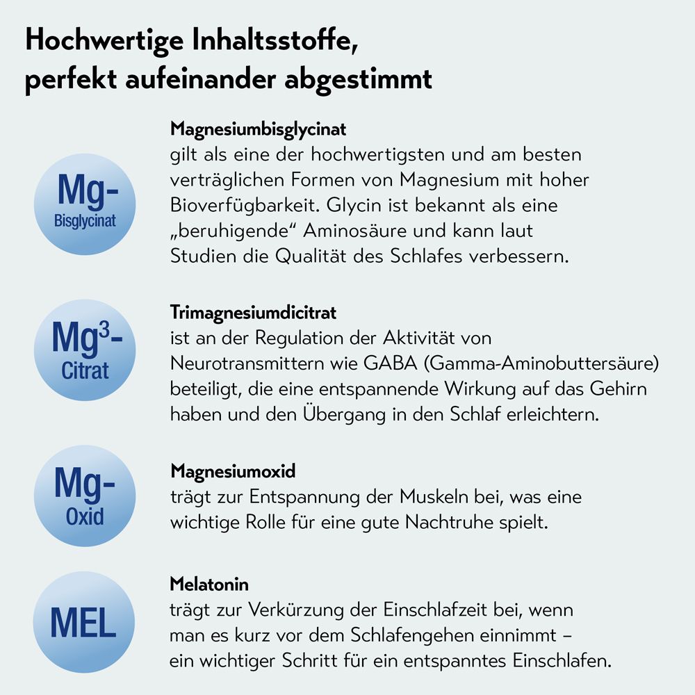Hochwertige Inhaltsstoffe: Magnesiumbisglycinat, Trimagnesiumcitrat, Magnesiumoxid, Melatonin.