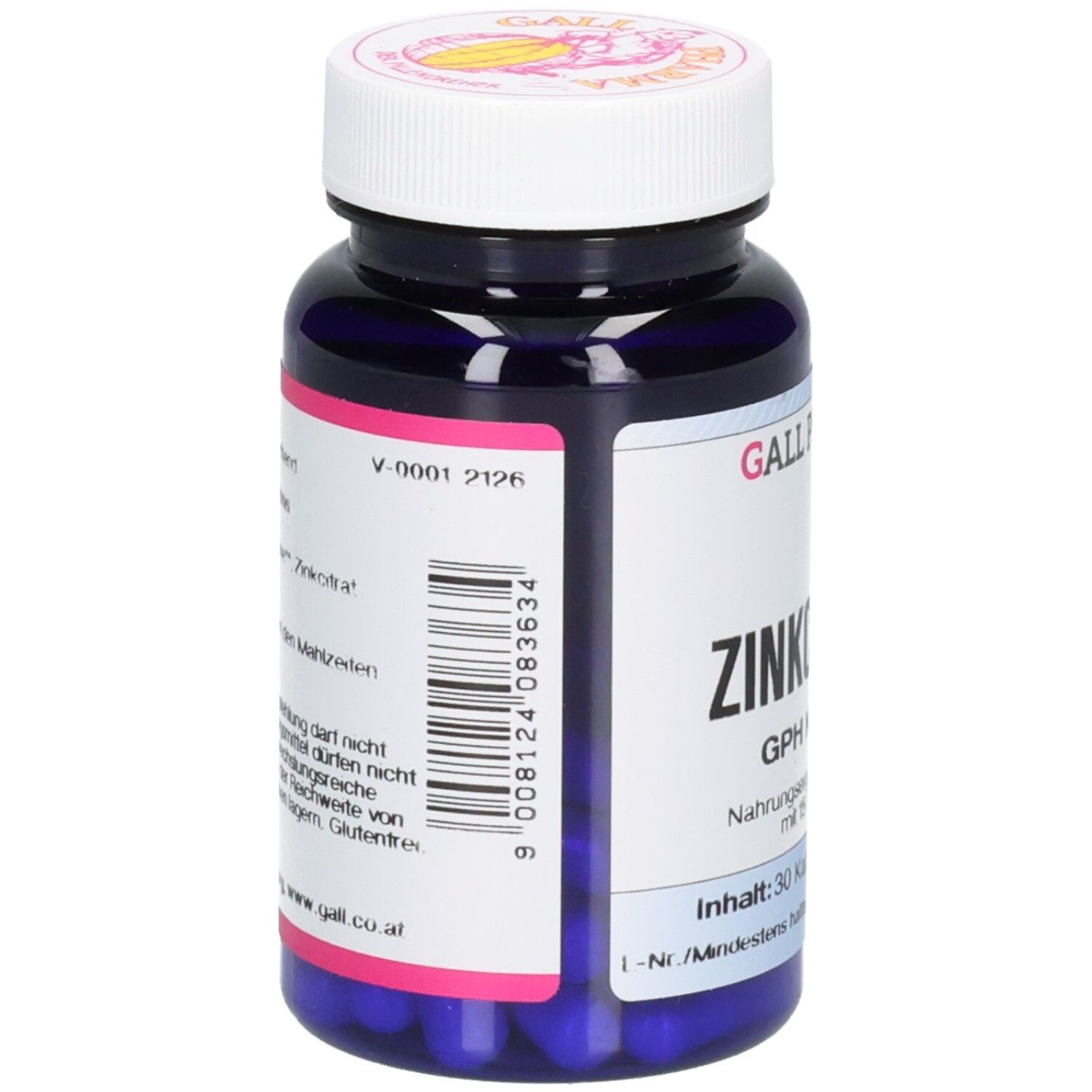Dunkelblaue Kapsel-Flasche, Seitenansicht. Etikett mit Barcode und Produktinformationen. "GALL PHARMA" sichtbar.