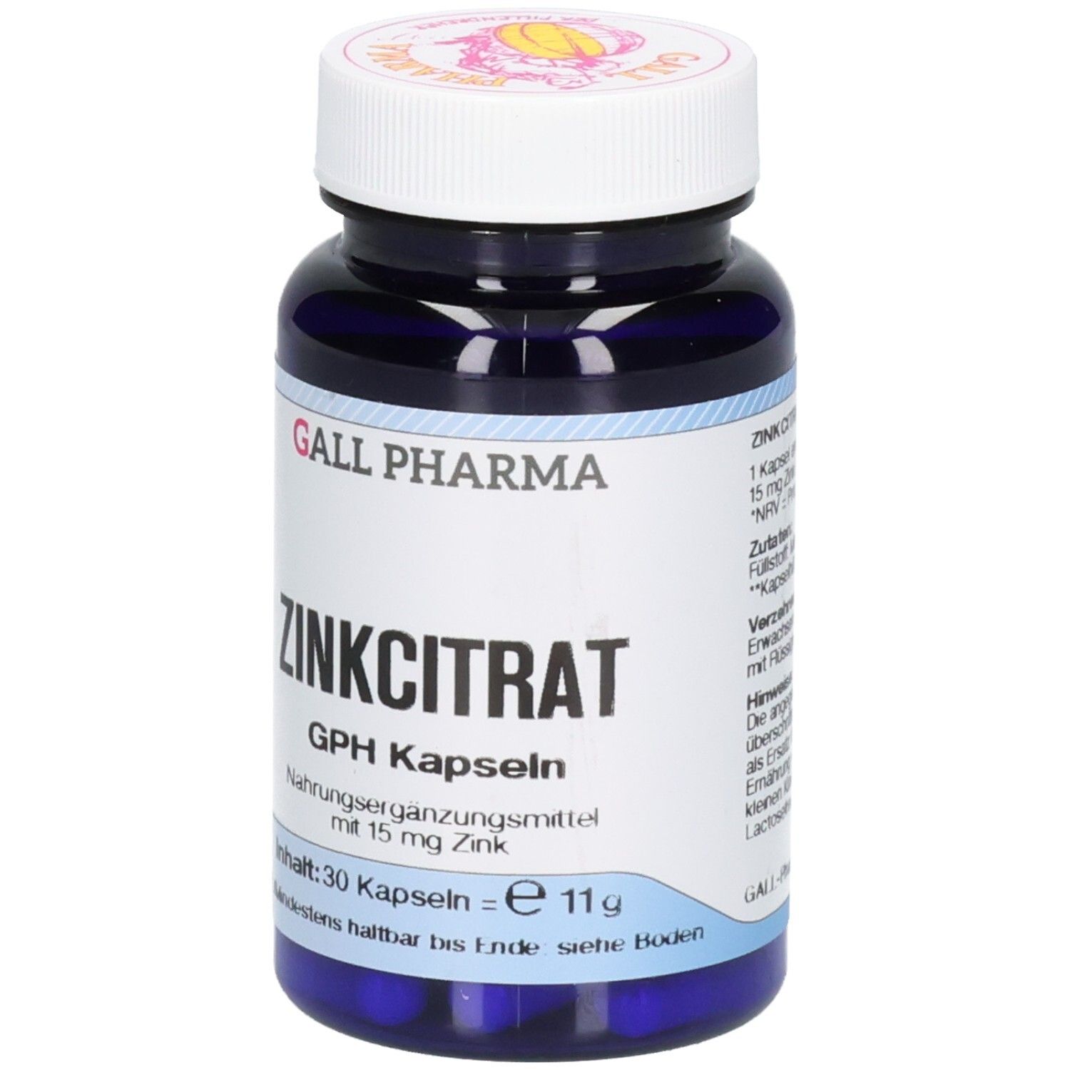 Dunkelblaue Kapsel-Flasche mit weißem Deckel. Vorderseite zeigt "ZINKCITRAT GPH Kapseln" und "15 mg Zink".