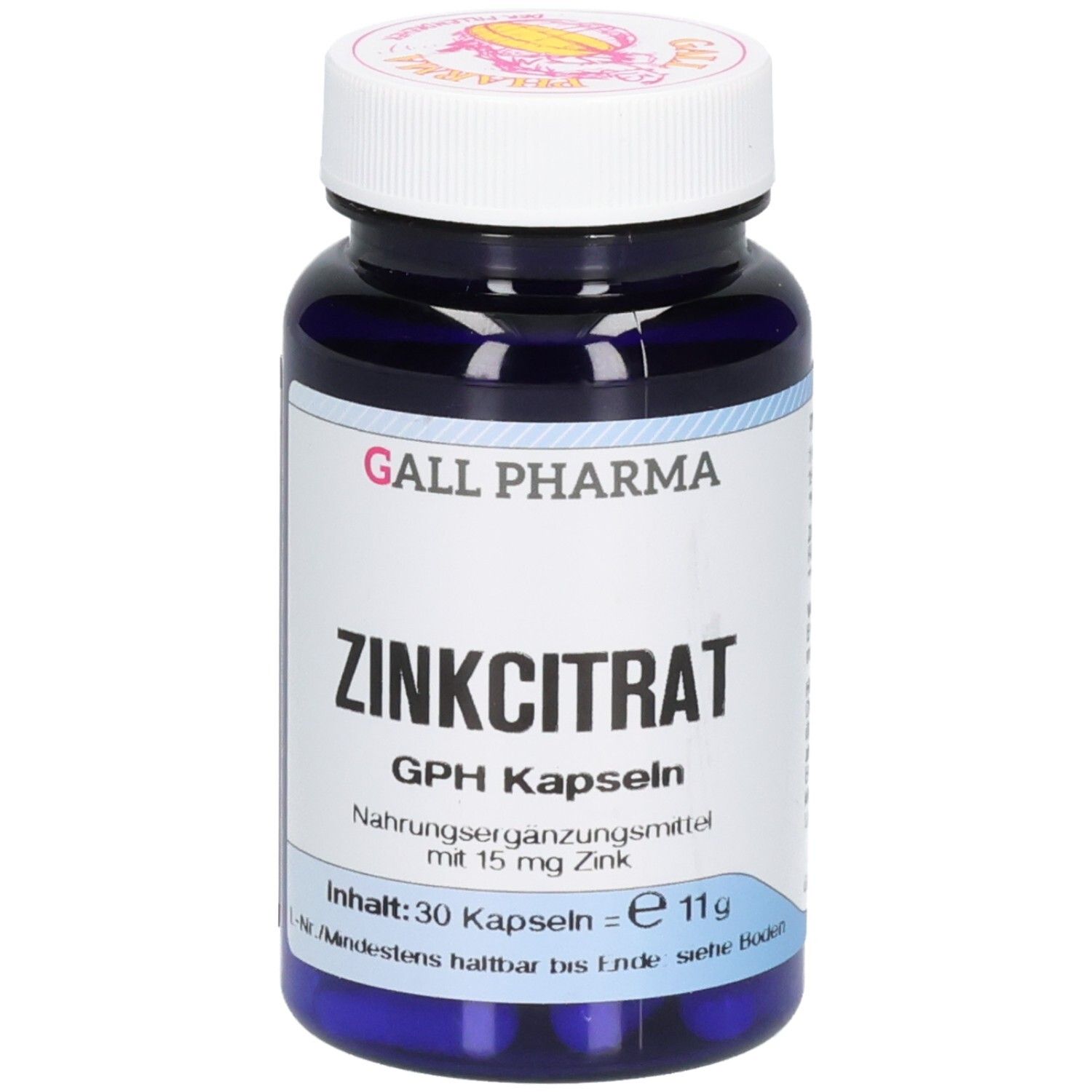 Dunkelblaue Kapsel-Flasche mit weißem Deckel. Vorderseite zeigt "ZINKCITRAT GPH Kapseln" und "15 mg Zink".
