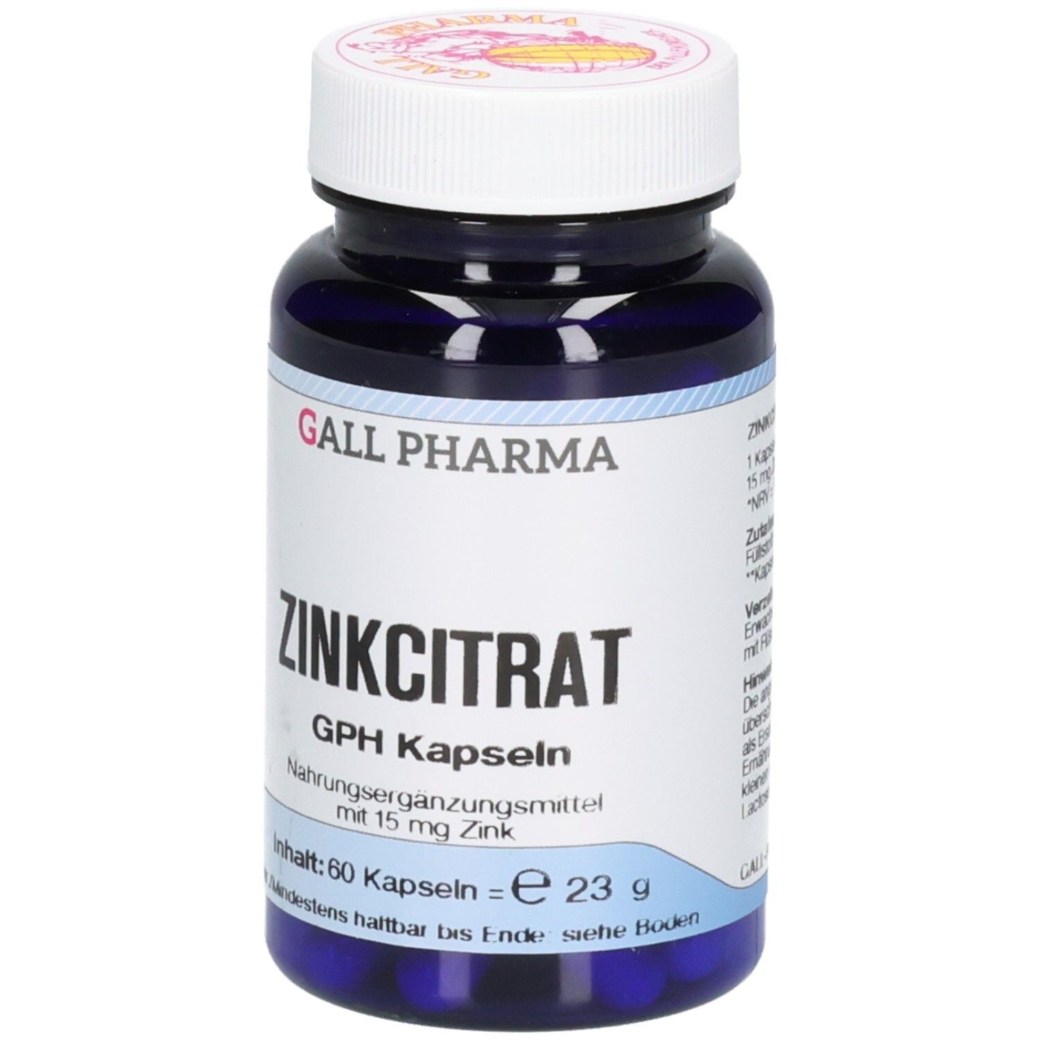Dunkelblaue Kapsel-Flasche mit weißem Deckel. Vorderseite zeigt "ZINKCITRAT GPH Kapseln" und "mit 15 mg Zink".