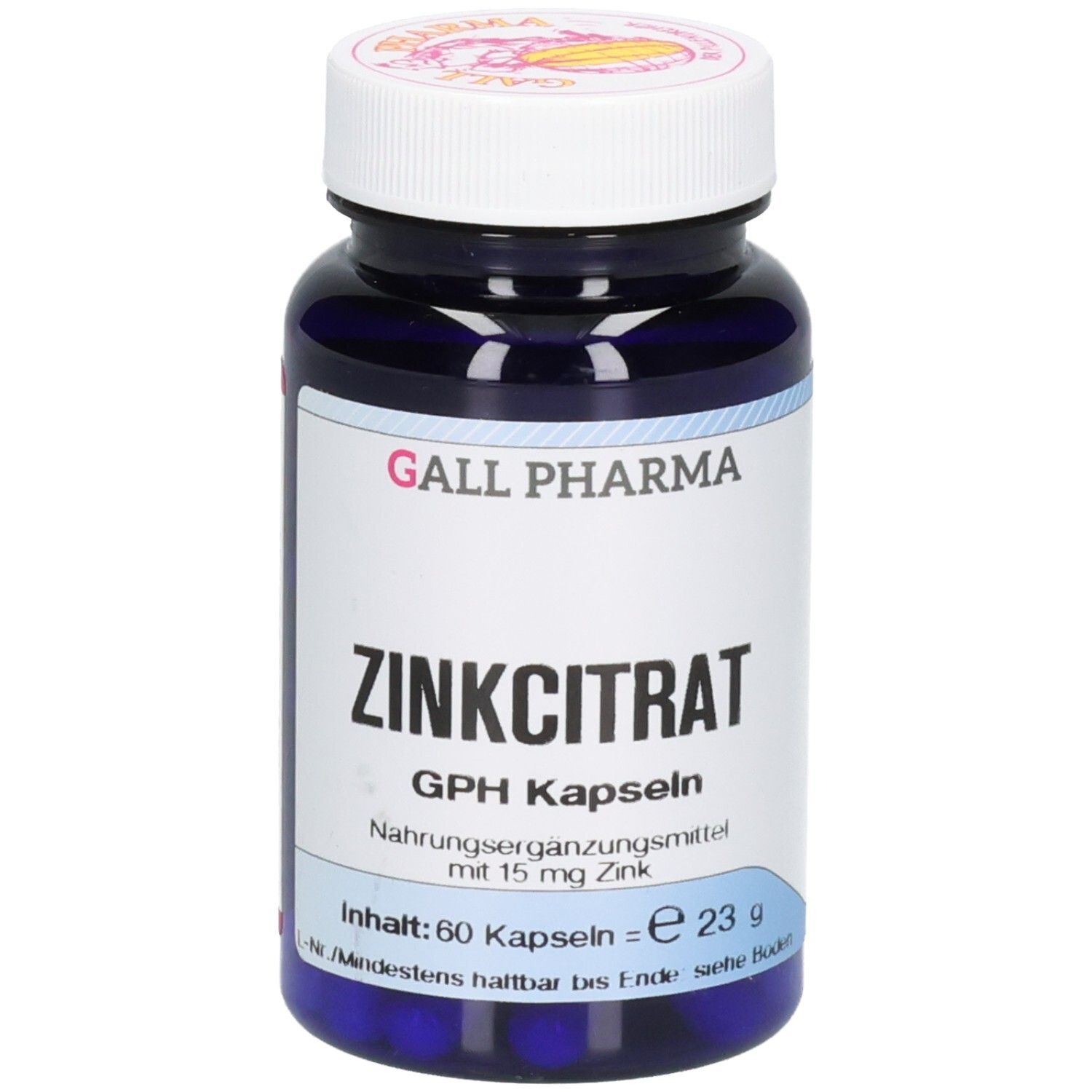 Dunkelblaue Kapsel-Flasche mit weißem Deckel. Vorderseite zeigt "ZINKCITRAT GPH Kapseln" und "mit 15 mg Zink".