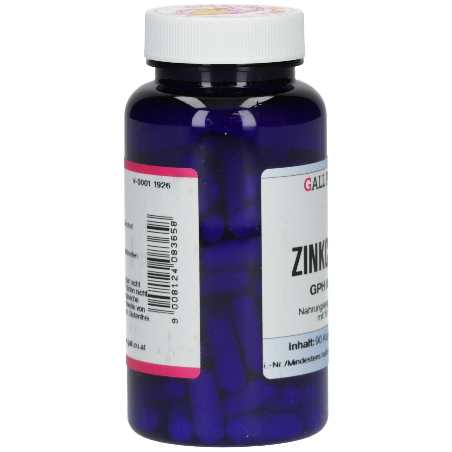 Blaue Flasche mit weißem Deckel. Aufschrift: ZINKCITRAT, GPH Kapseln. Barcode und weitere Informationen. Marke: GALL PHARMA.