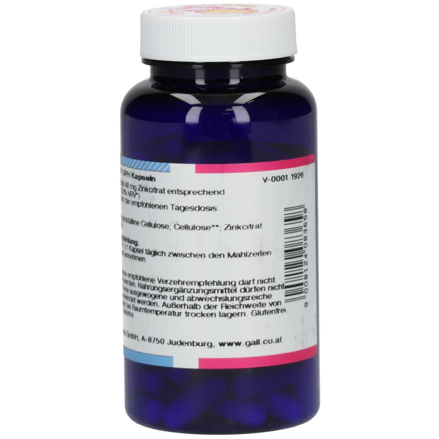 Blaue Flasche mit weißem Deckel. Rückseite mit Text. Aufschrift: ZINKCITRAT, GPH Kapseln. Marke: GALL PHARMA.