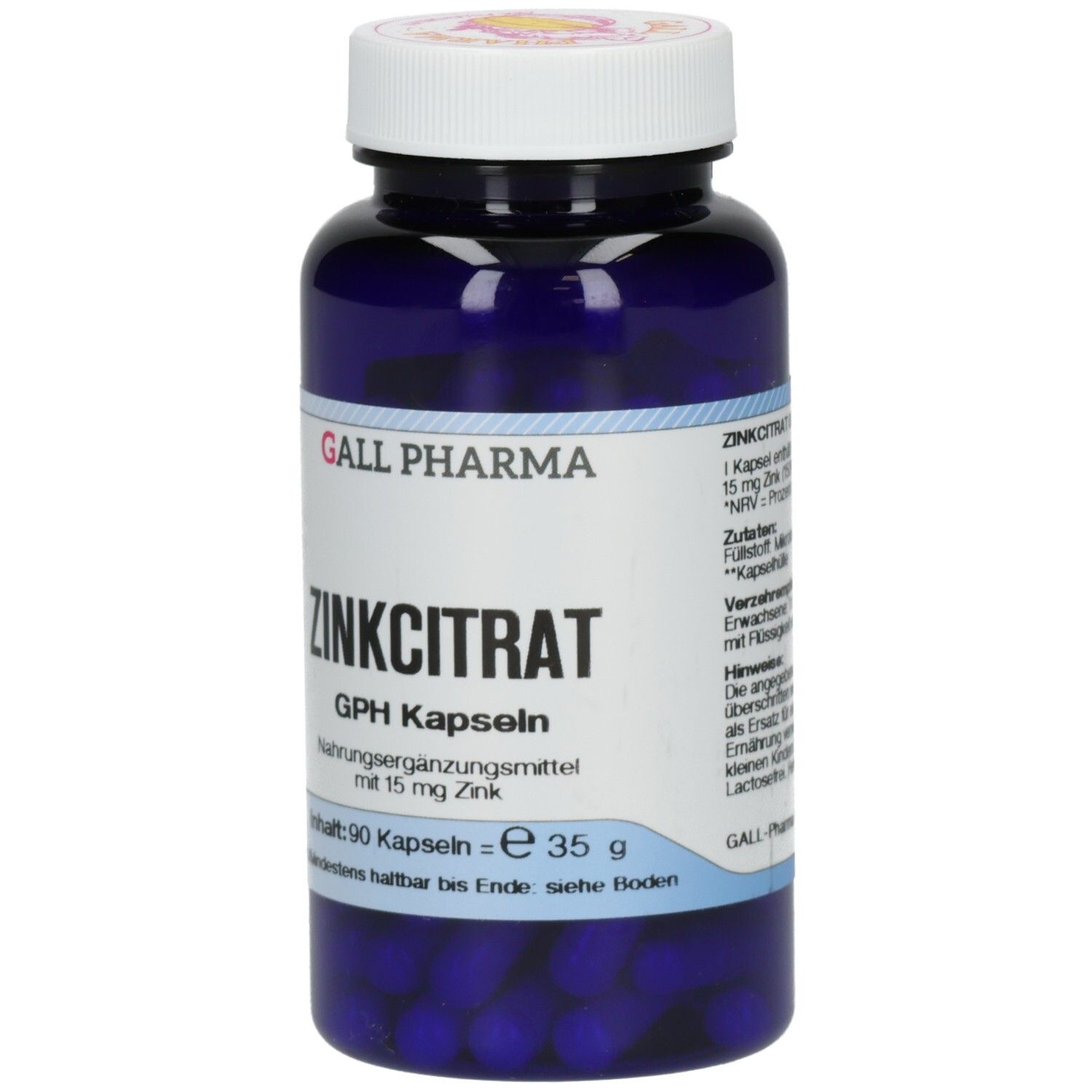 Blaue Flasche mit weißem Deckel. Aufschrift: ZINKCITRAT, GPH Kapseln. Enthält 90 Kapseln. Marke: GALL PHARMA.