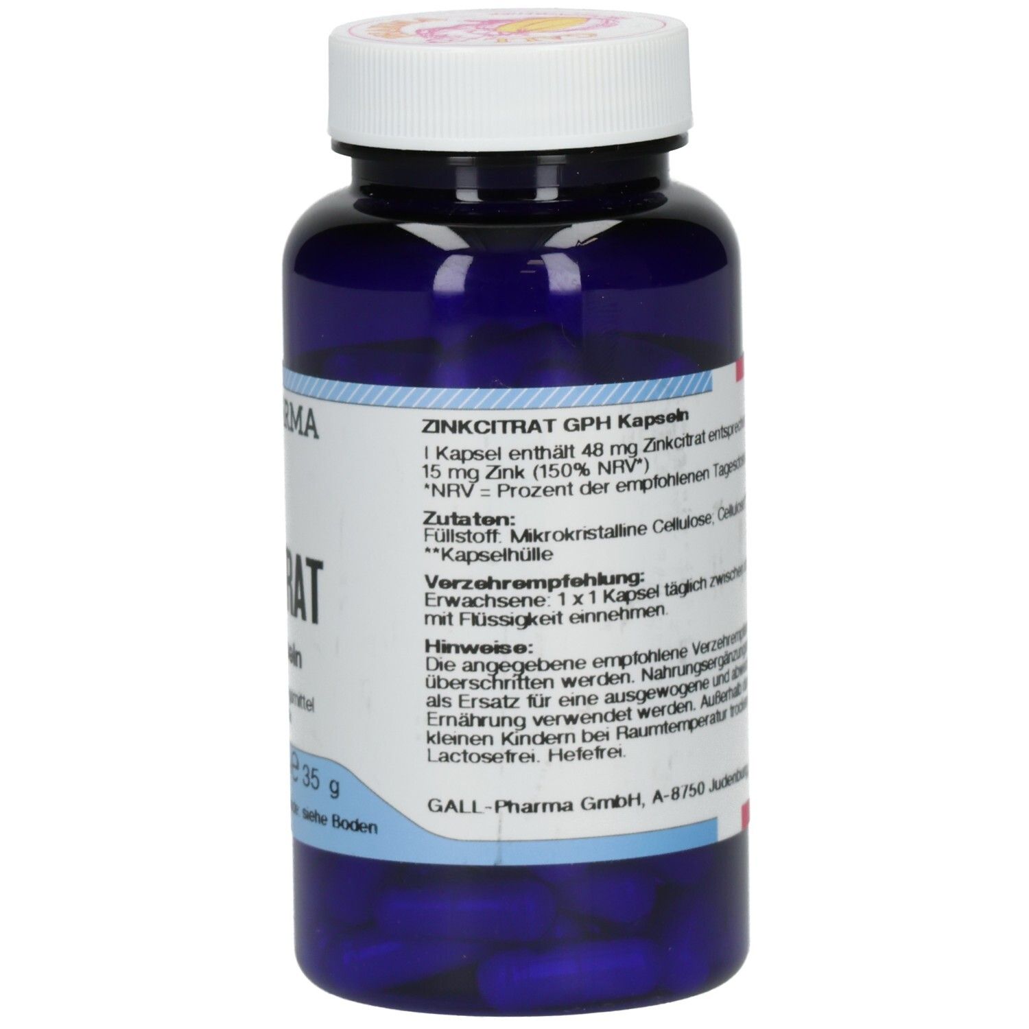 Blaue Flasche mit weißem Deckel. Aufschrift: ZINKCITRAT, GPH Kapseln. Enthält 90 Kapseln. Marke: GALL PHARMA.