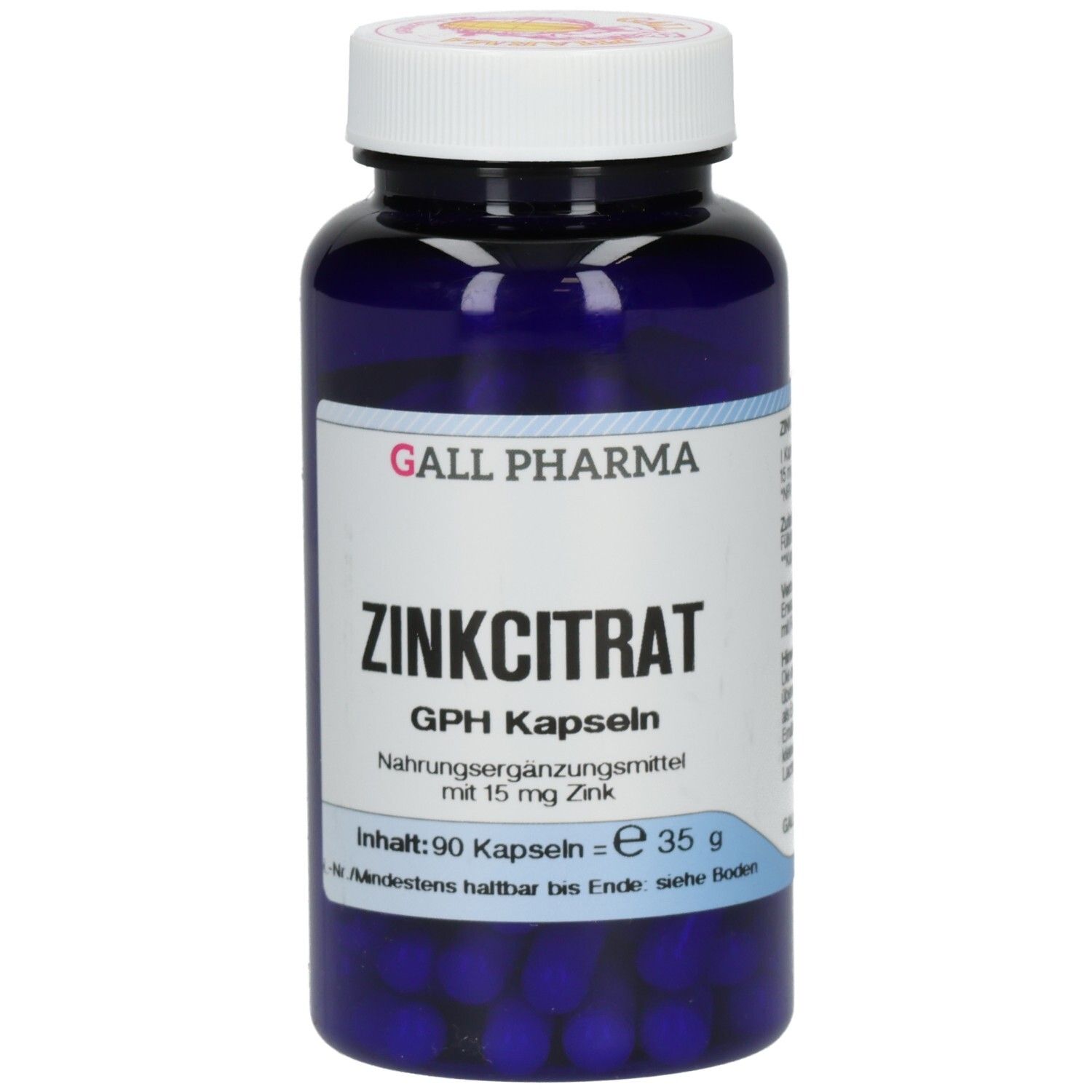 Blaue Flasche mit weißem Deckel. Aufschrift: ZINKCITRAT, GPH Kapseln. Enthält 90 Kapseln. Marke: GALL PHARMA.