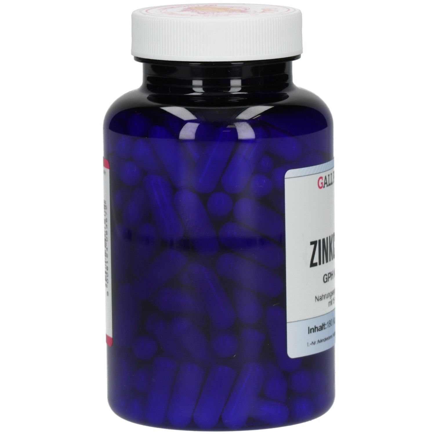 Blaue Flasche mit weißen Deckel. Sichtbar sind blaue Kapseln. Marke: GALL PHARMA.