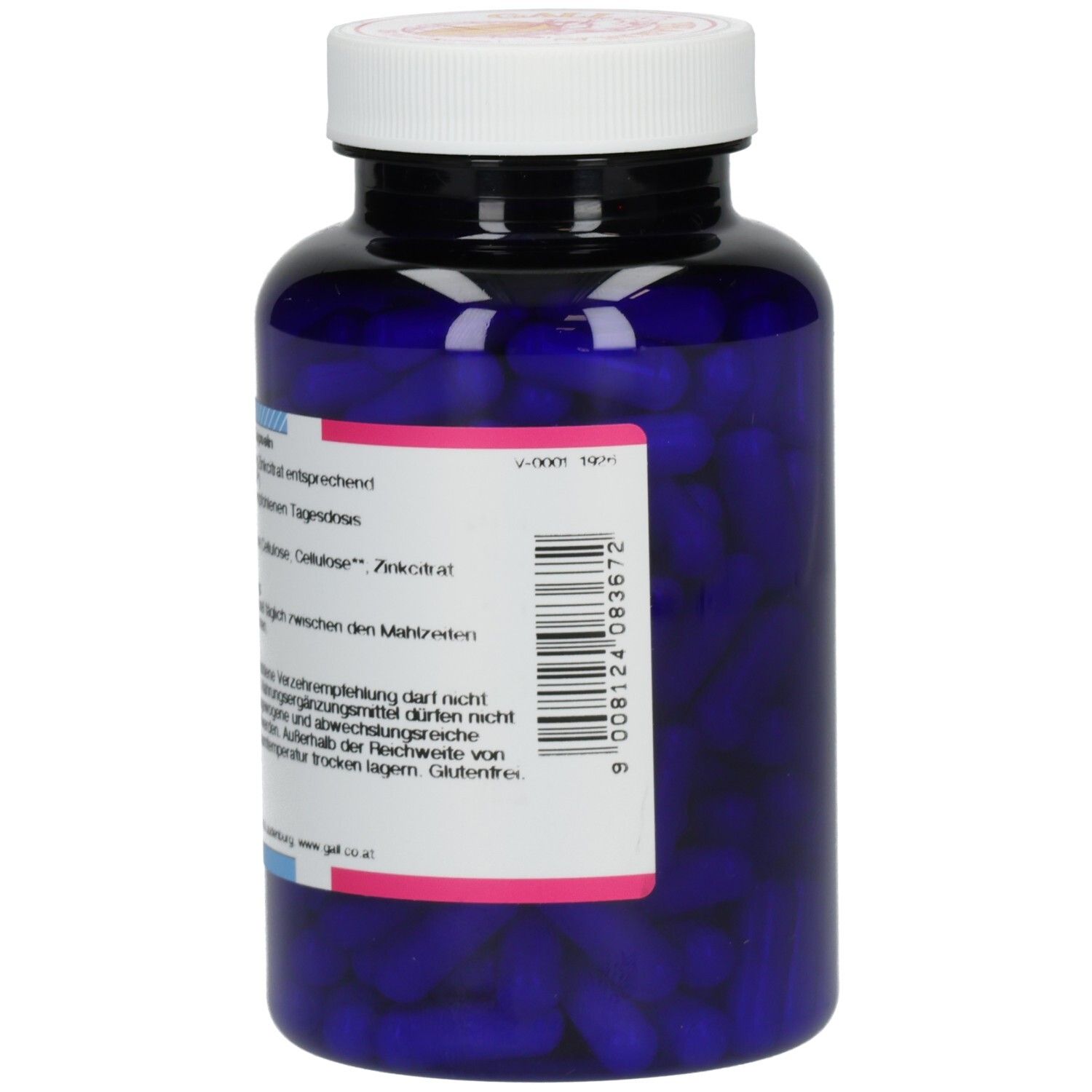 Blaue Flasche mit weißen Deckel. Aufkleber mit Text. Marke: GALL PHARMA.