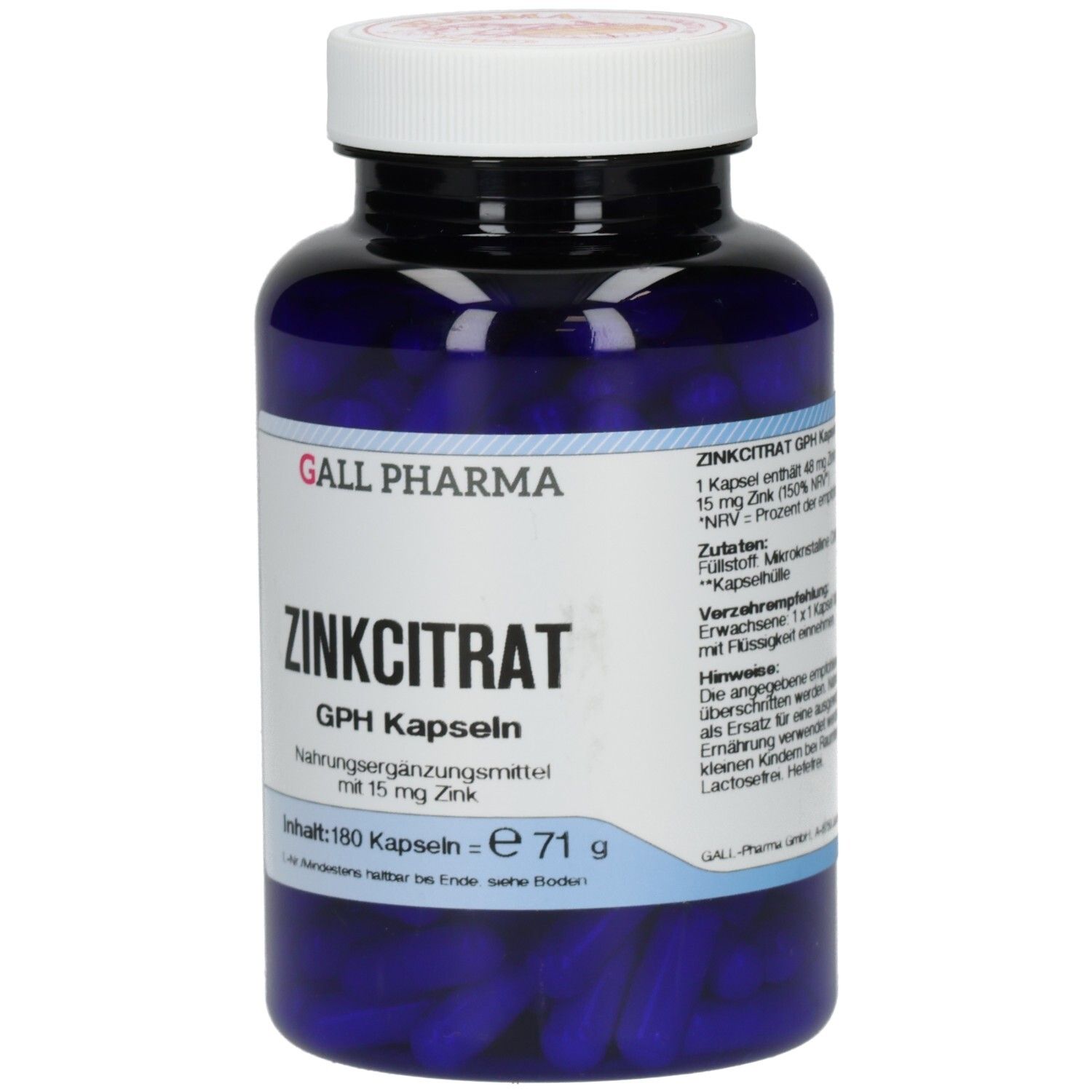 Blaue Flasche mit weißen Deckel. Aufschrift: ZINKCITRAT GPH Kapseln, 180 Kapseln. Marke: GALL PHARMA.