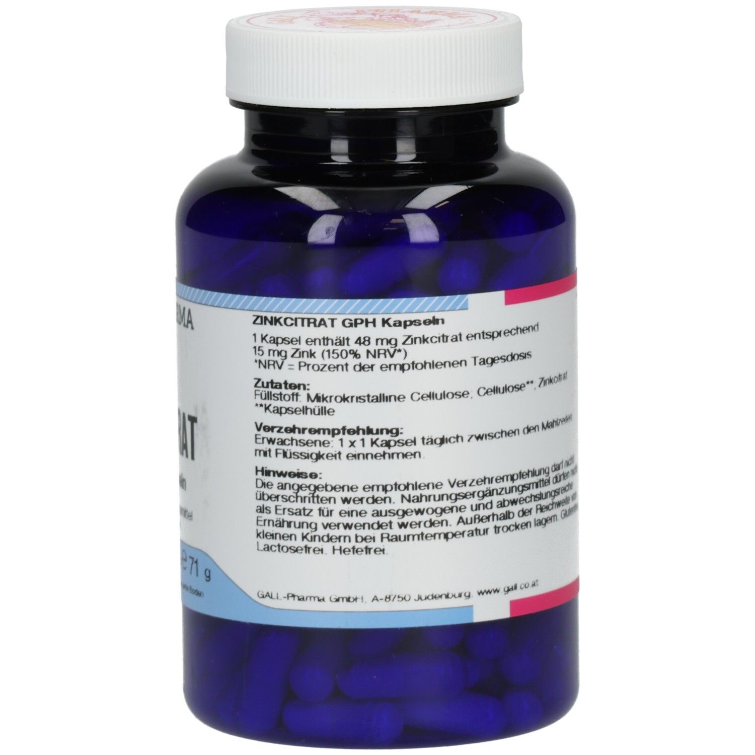 Blaue Flasche mit weißen Deckel. Aufkleber mit Text. Marke: GALL PHARMA.