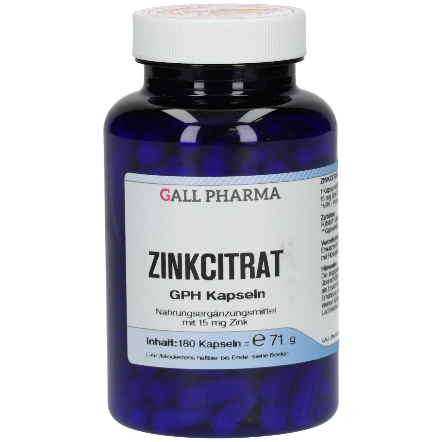 Blaue Flasche mit weißen Deckel. Aufschrift: ZINKCITRAT GPH Kapseln, 180 Kapseln. Marke: GALL PHARMA.