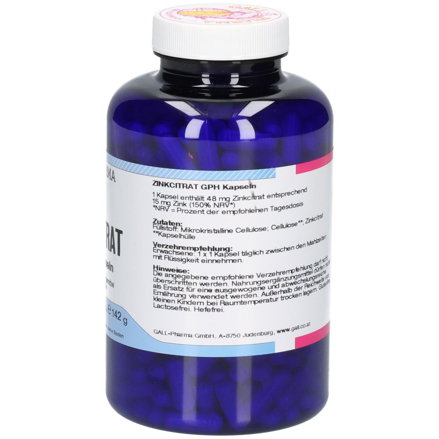 Seitenansicht eines blauen Behälters mit 360 Kapseln Zinkcitrat GPH.
