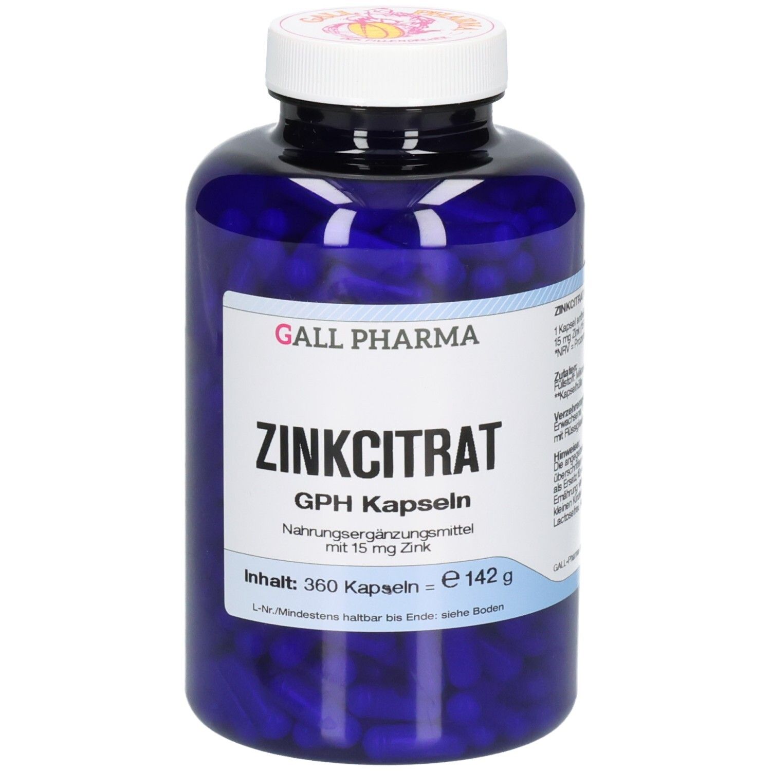 Blauer Behälter mit 360 Kapseln Zinkcitrat GPH, 15 mg Zink pro Kapsel.