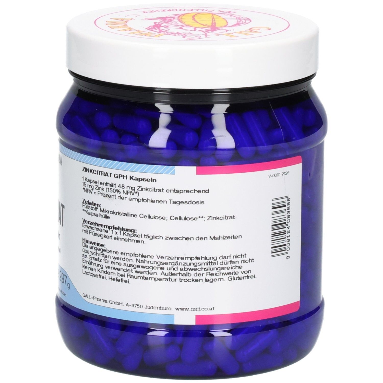 Seitenansicht des blauen Behälters mit Etikett und Barcode.