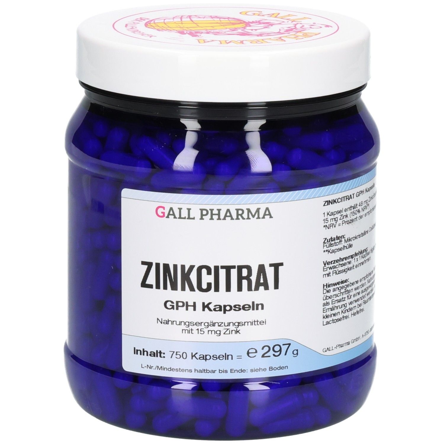 Vorderansicht des blauen Behälters mit Etikett, das ZINKCITRAT GPH Kapseln und 750 Kapseln zeigt.