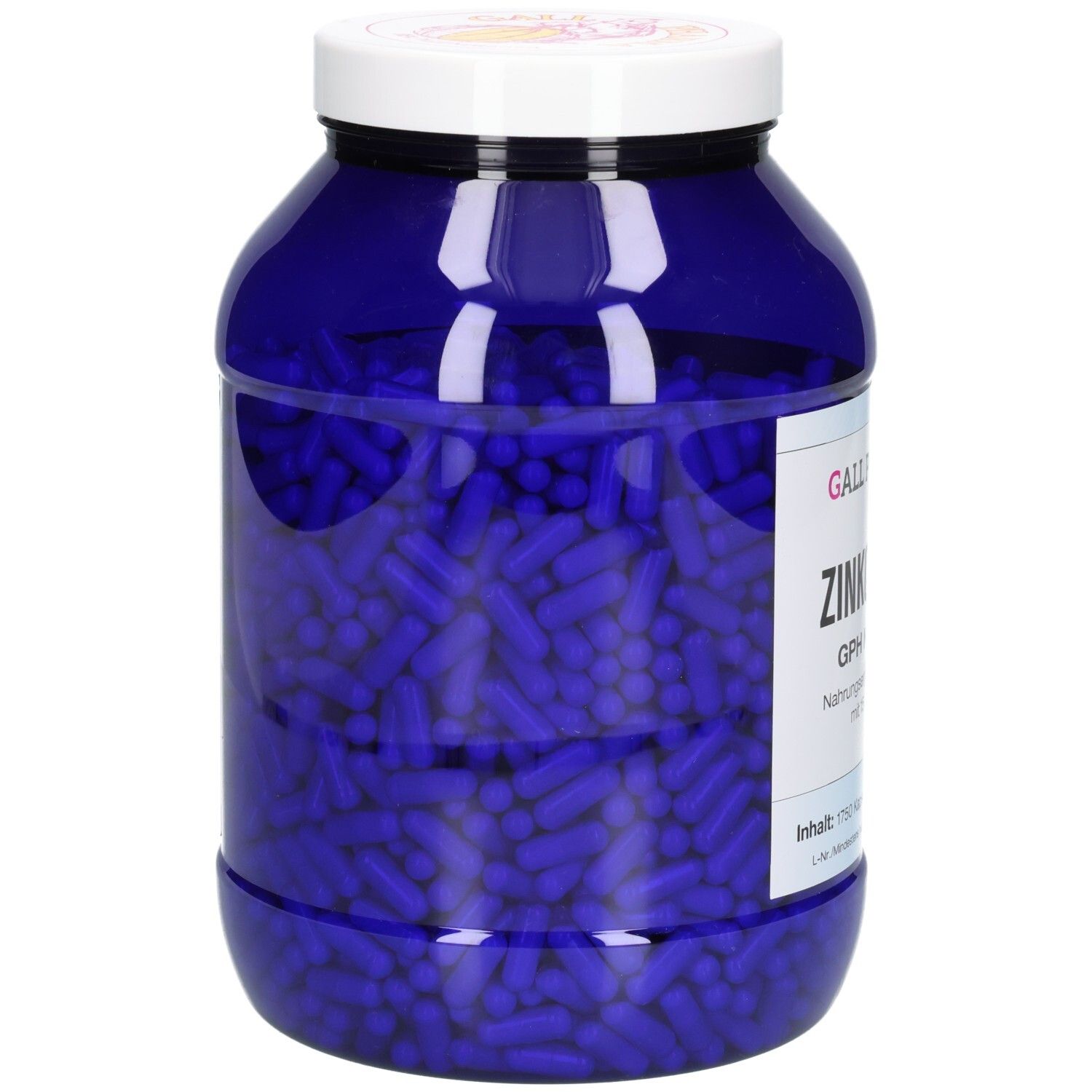 Blauer Behälter mit Zinkcitrat GPH Kapseln, von der Seite gesehen.
