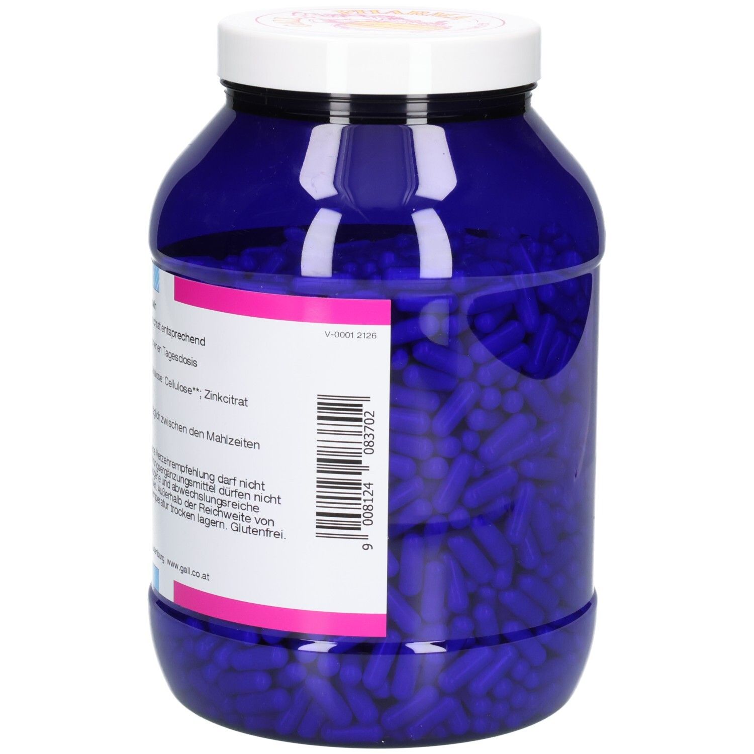 Rückseite eines blauen Behälters mit Zinkcitrat GPH Kapseln und Barcode.