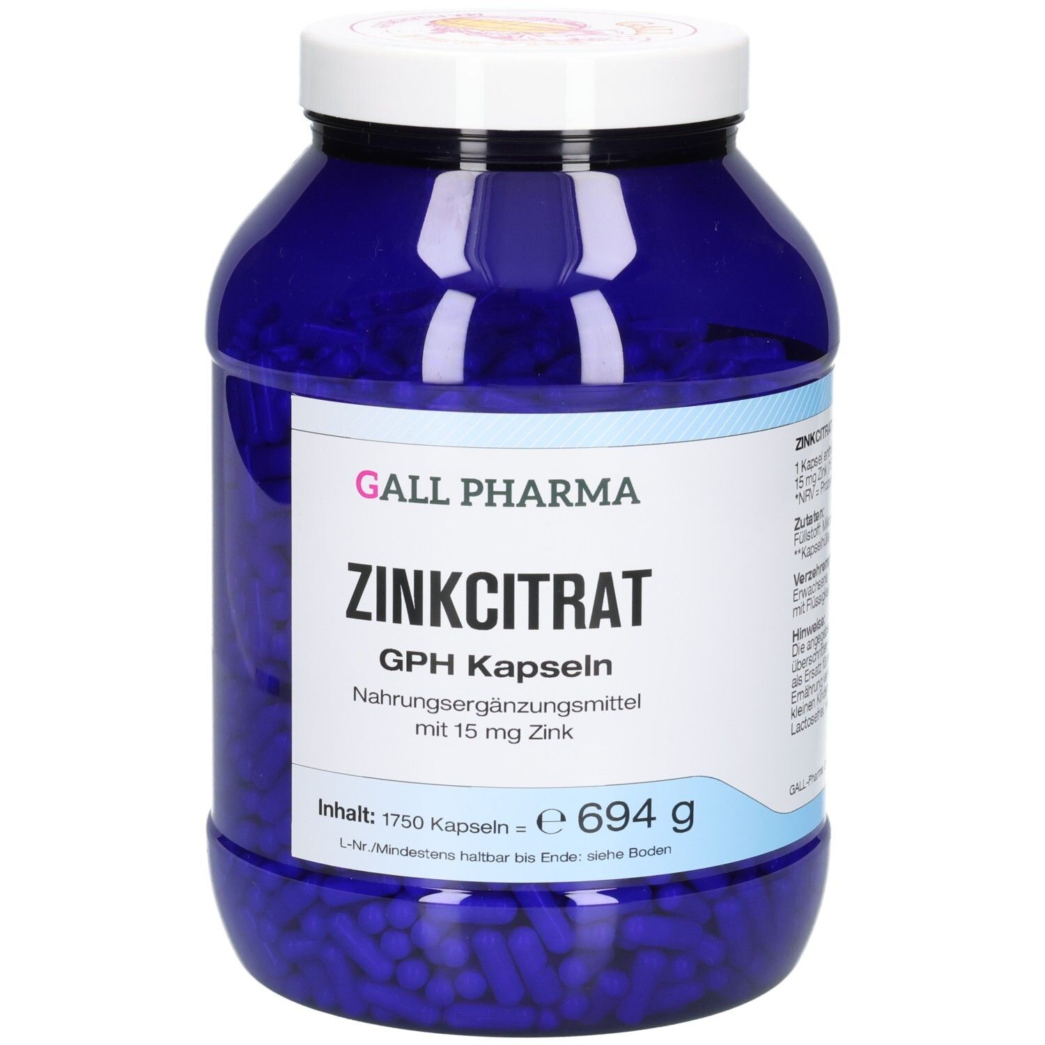 Blauer Behälter mit Zinkcitrat GPH Kapseln, 1750 Kapseln, 694 g, Vorderansicht.