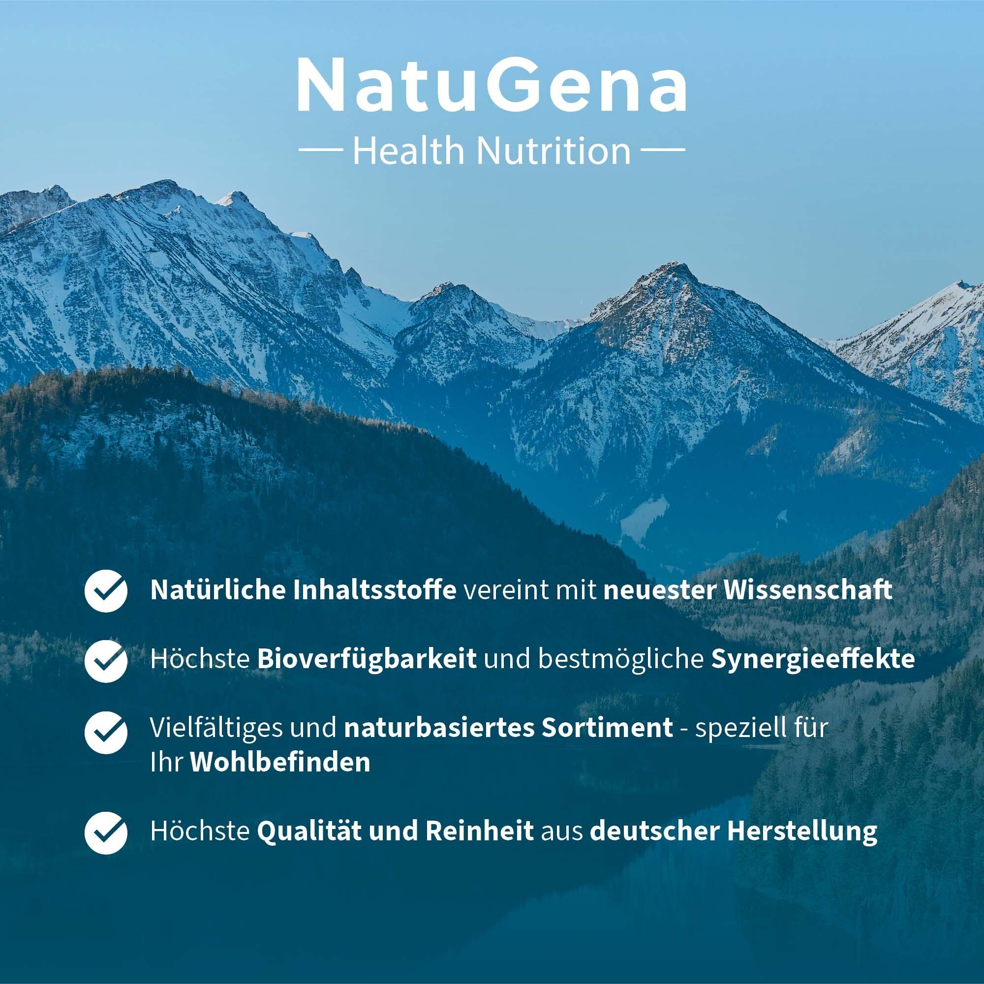 Berge im Hintergrund. Text: NatuGena - Health Nutrition. Vorteile: Natürliche Inhaltsstoffe, höchste Bioverfügbarkeit, Qualität.