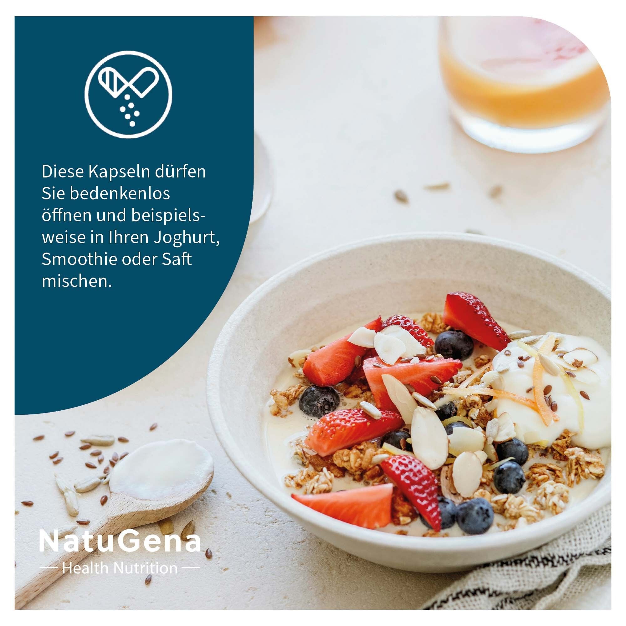 Schüssel mit Joghurt, Beeren und Samen. Text: Kapseln können in Joghurt, Smoothie oder Saft gemischt werden. NatuGena.