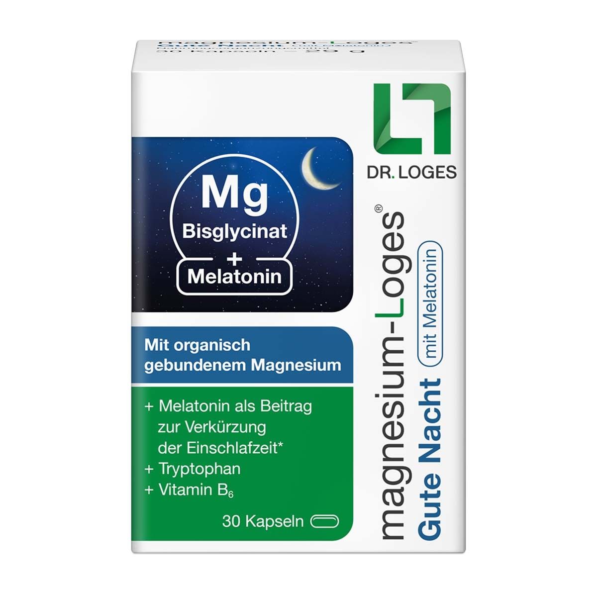 Verpackung von magnesium-Loges® Gute Nacht mit Melatonin, 30 Kapseln.