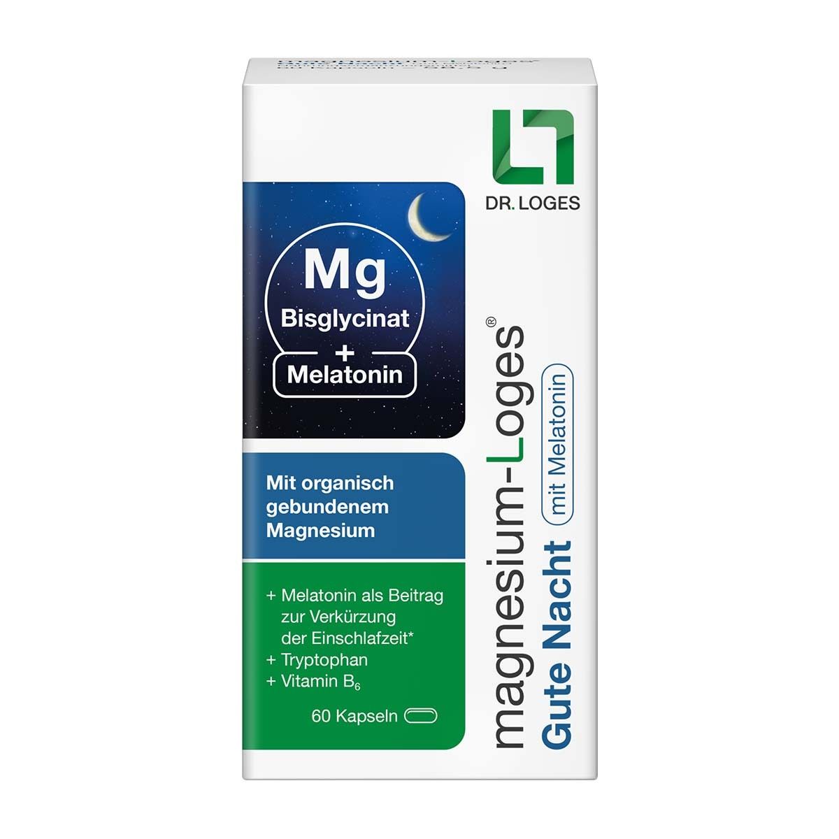 Verpackung von Magnesium-Loges Gute Nacht mit Melatonin, 60 Kapseln.