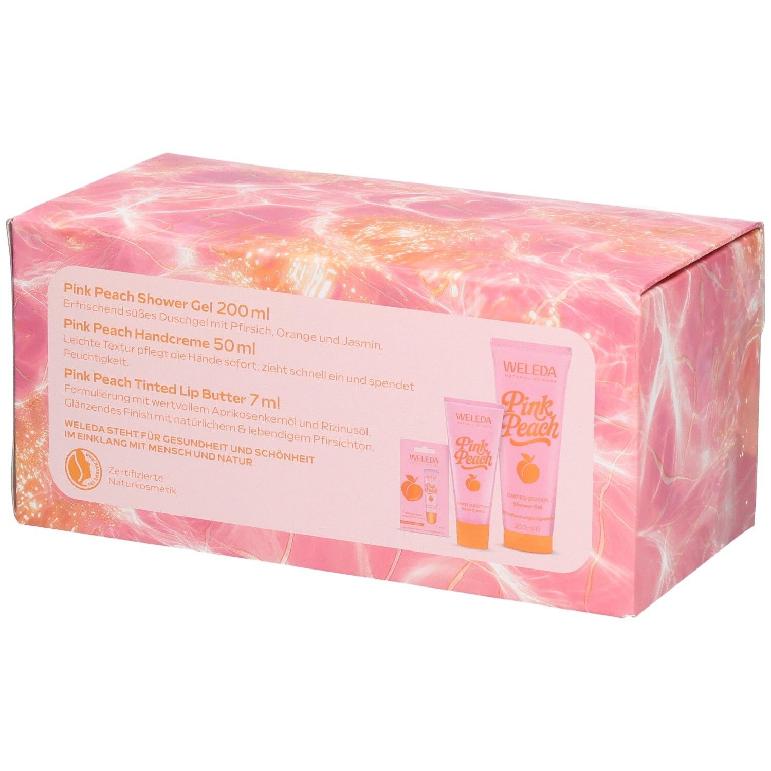 Geschenkset-Verpackung mit Produktinformationen. Enthält Duschgel, Handcreme und Lippenbutter. Weleda-Logo und Pink Peach.