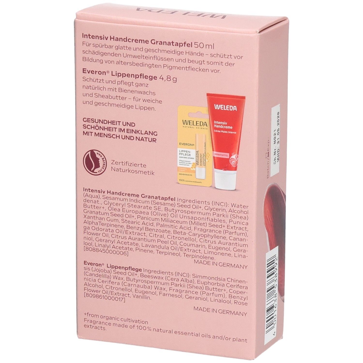 Rückseite der Geschenkbox mit Inhaltsstoffen und Produktabbildungen. Zertifizierte Naturkosmetik.