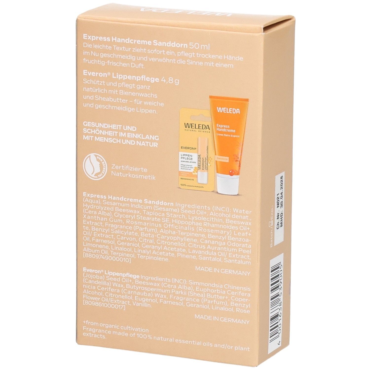 Rückseite der Geschenkbox. Text: Express Handcreme, Everon Lippenpflege, Inhaltsstoffe, Zertifizierung. Abbildungen der Produkte.