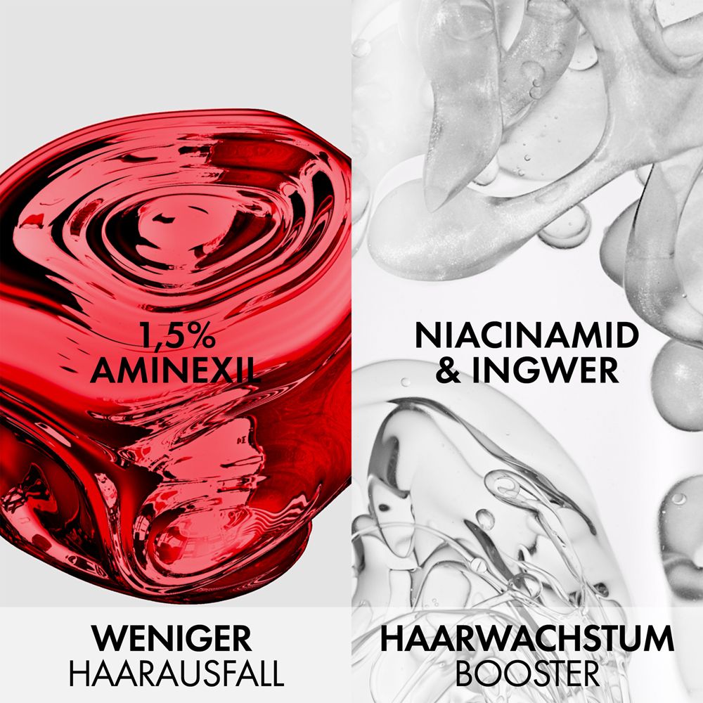 Zwei Abbildungen: 1,5% Aminexil und Niacinamid & Ingwer. Text: Weniger Haarausfall, Haarwachstum Booster.