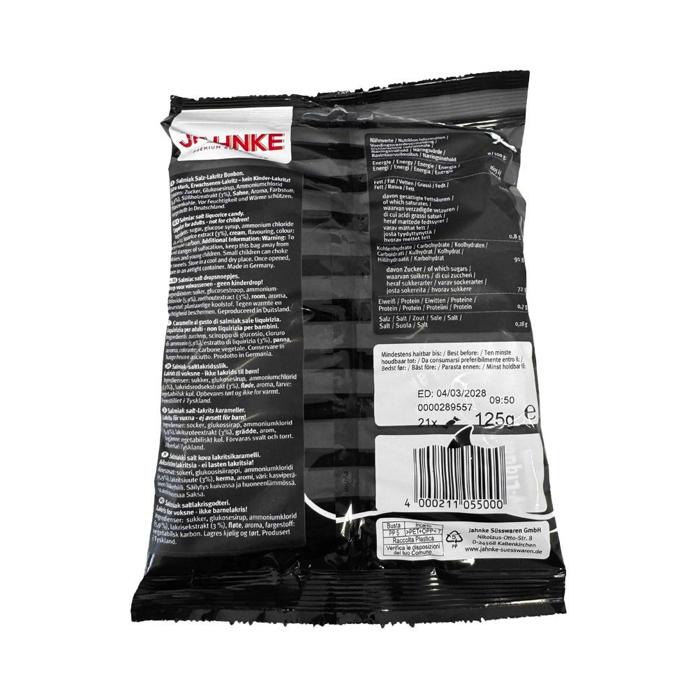 Rückseite der Jahnke Salmiak Salz Lakritz Bonbons Packung mit Nährwertangaben und Barcode.