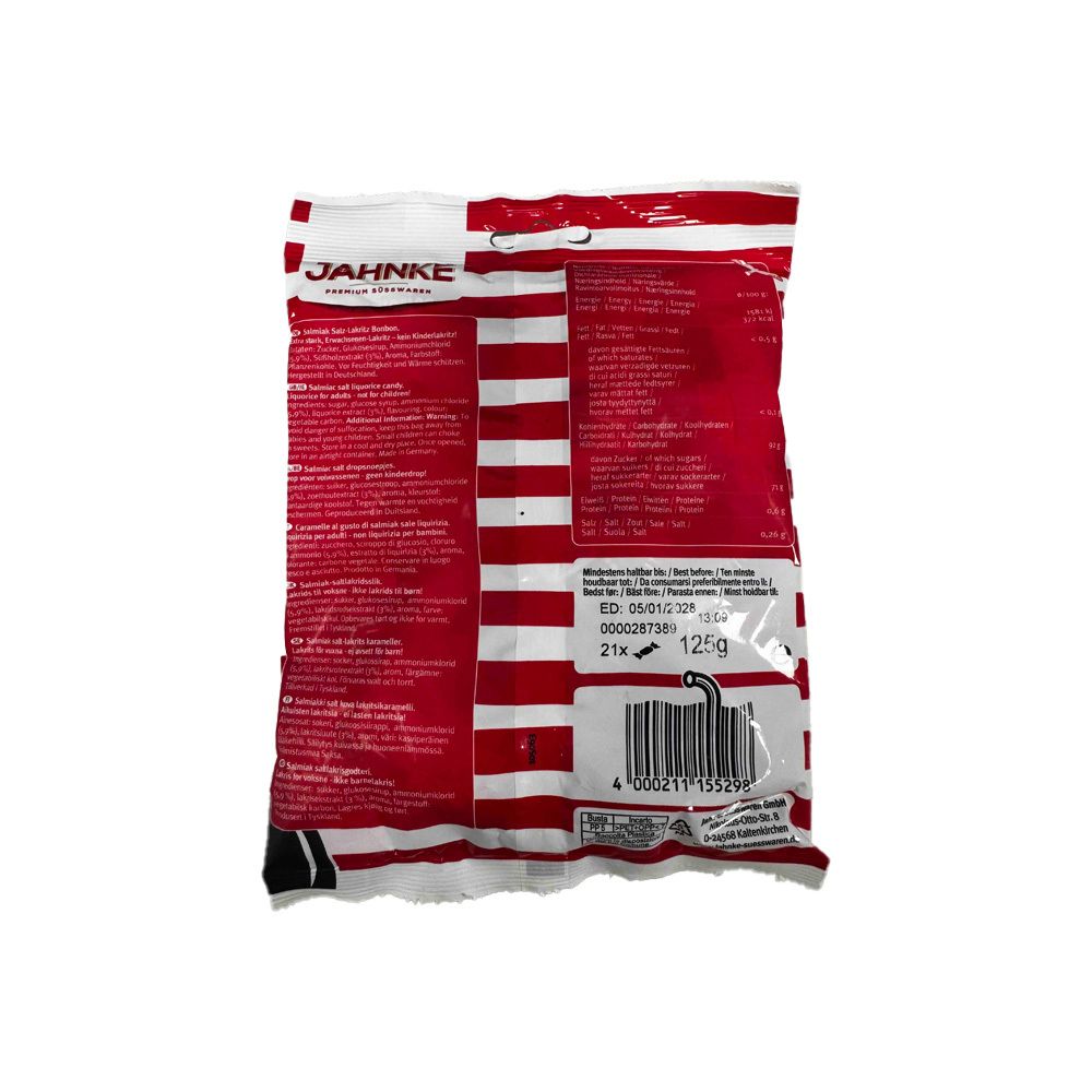 Rückseite der Jahnke Lakritz Verpackung mit Nährwertangaben und Barcode.