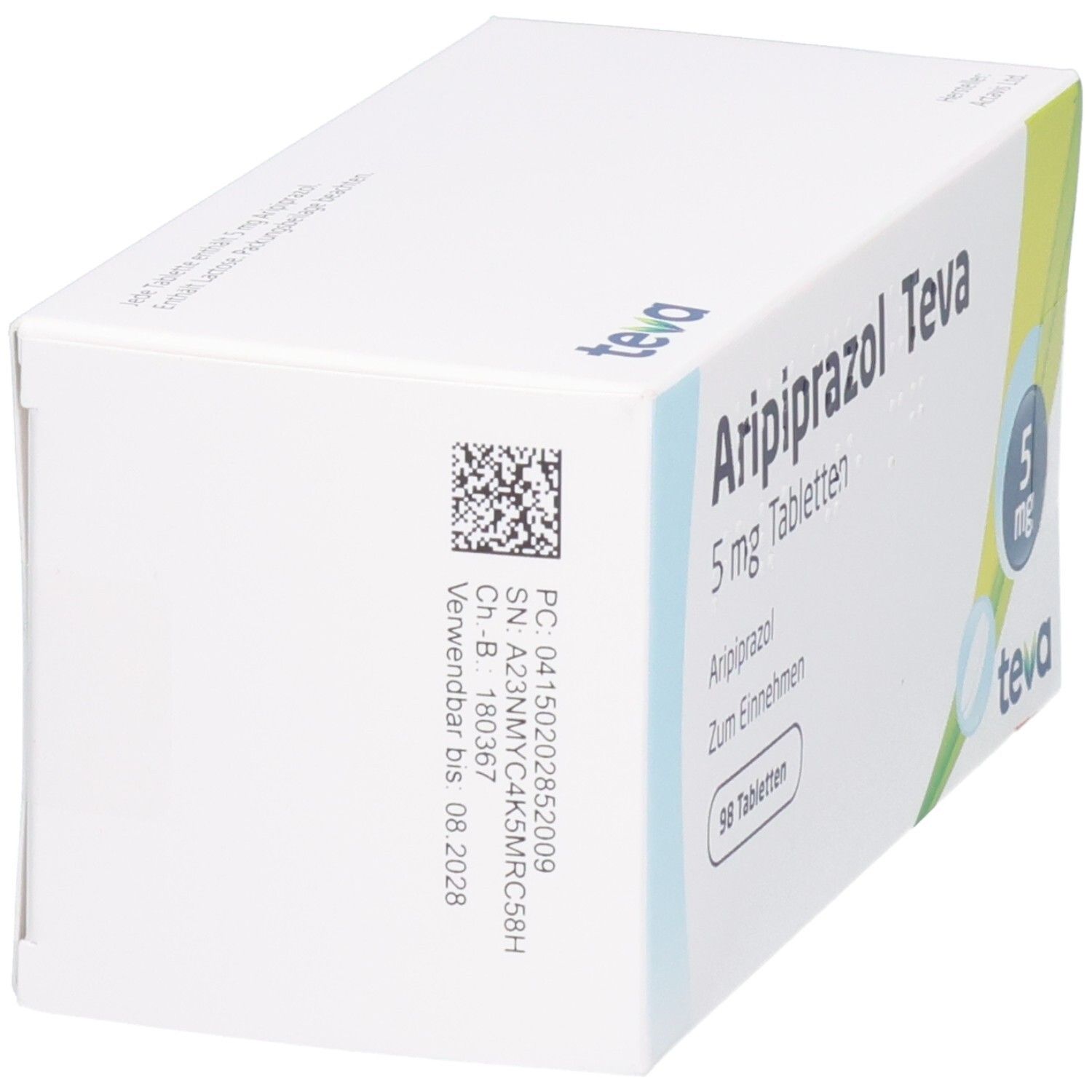 Seitenansicht der Packung Aripiprazol Teva 5 mg Tabletten. Enthält Chargen- und Verfallsdatum.
