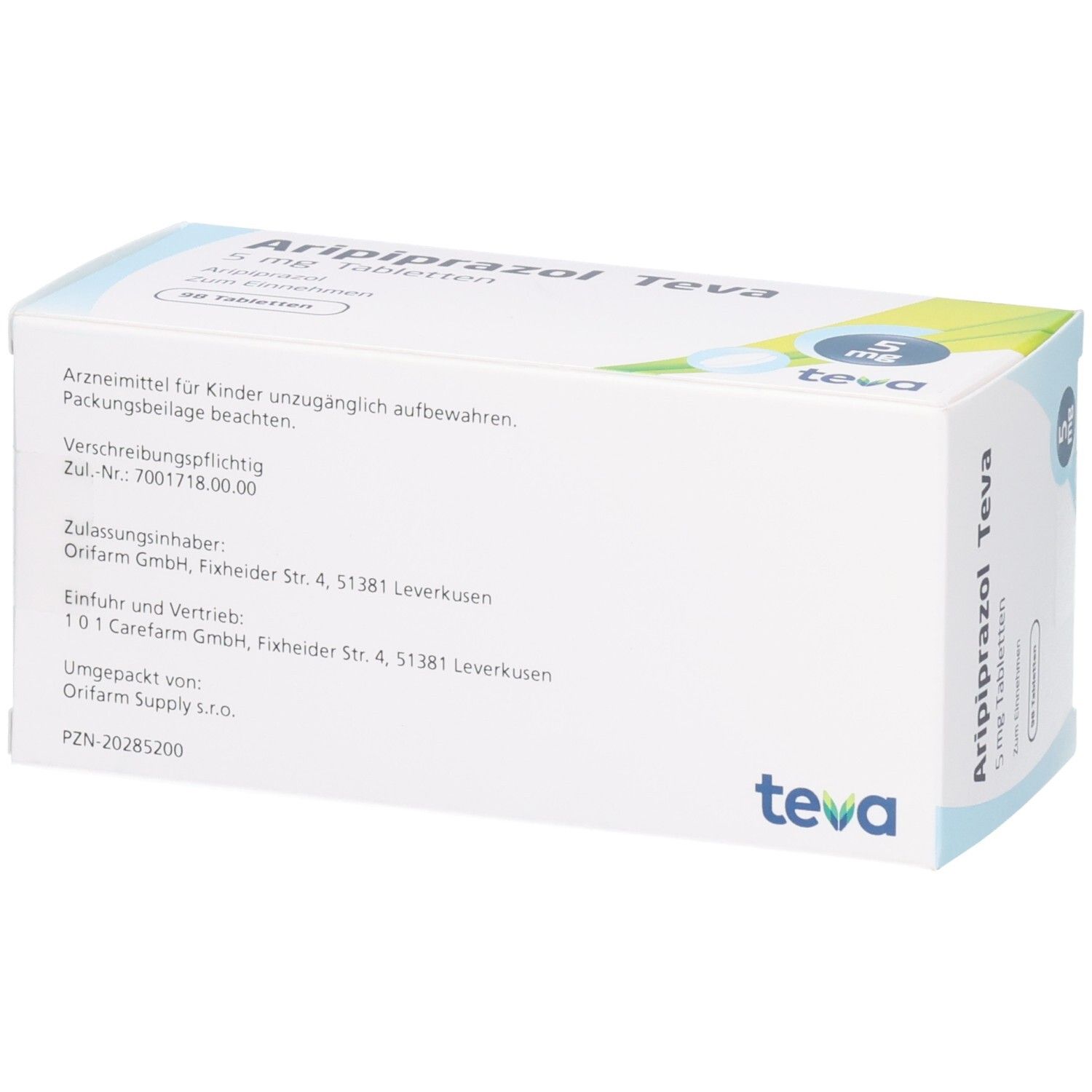 Rückseite der Packung Aripiprazol Teva 5 mg Tabletten. Zeigt Zulassungsinhaber und Hersteller.