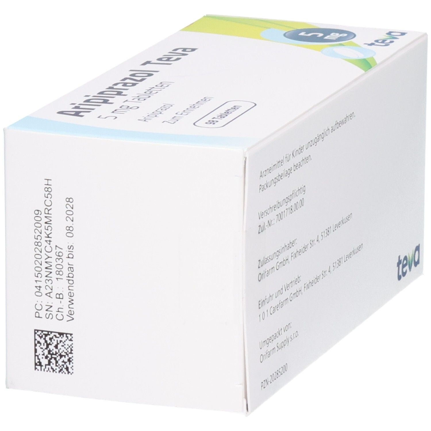 Seitenansicht der Packung Aripiprazol Teva 5 mg Tabletten. Zeigt PZN und Herstellungsdetails.