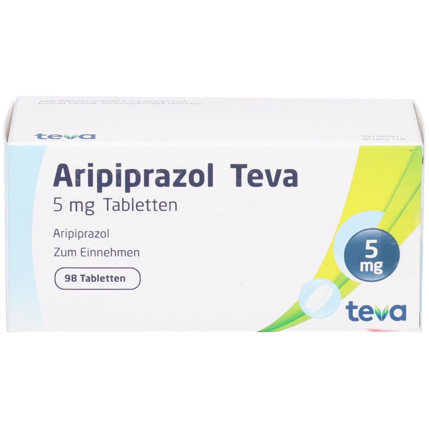 Packung Aripiprazol Teva 5 mg Tabletten, 98 Stück. Enthält Aripiprazol zum Einnehmen.