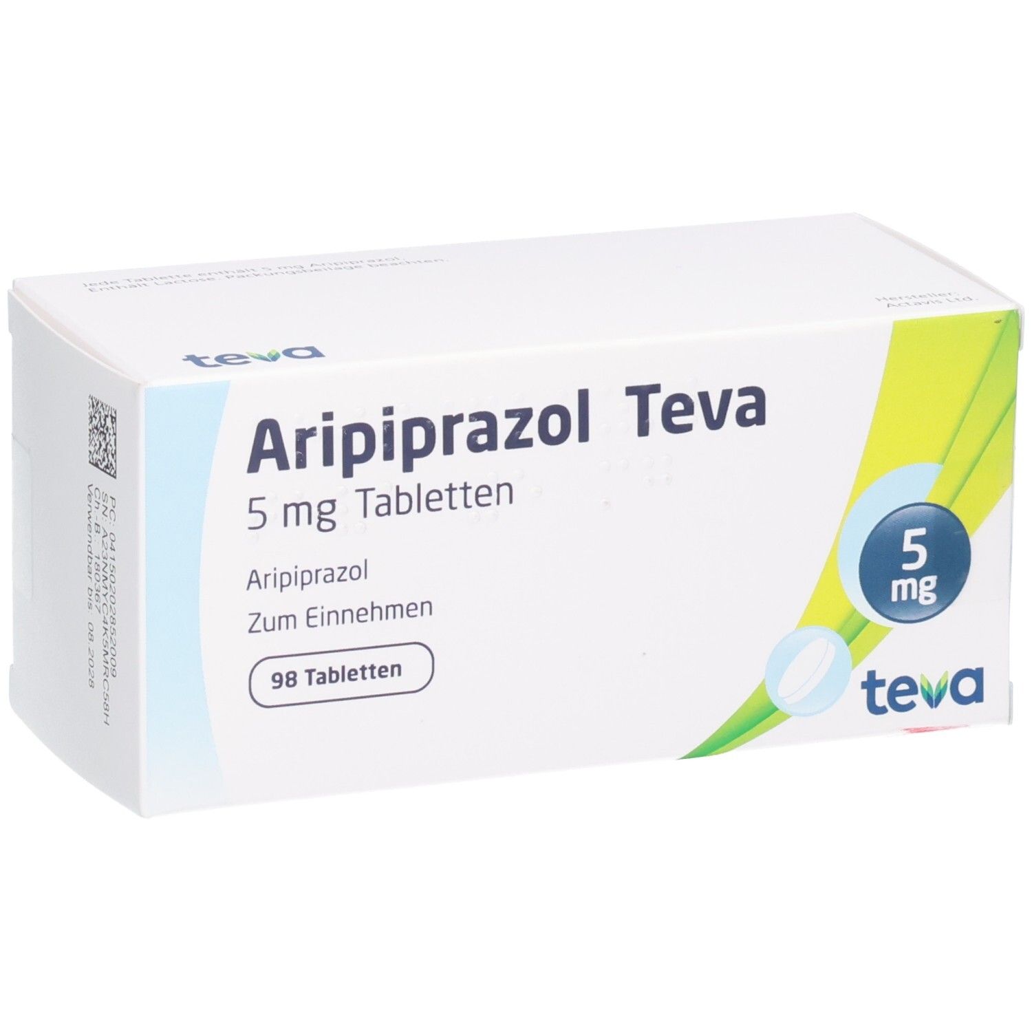 Packung Aripiprazol Teva 5 mg Tabletten, 98 Stück. Enthält Aripiprazol zum Einnehmen.