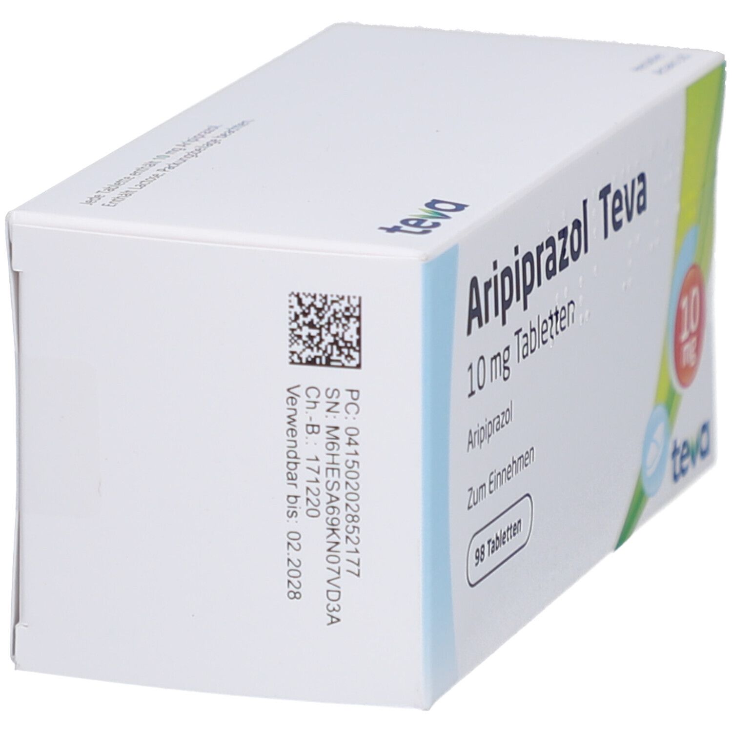Schachtel ARIPIPRAZOL Teva 10 mg Tabletten. Seite mit Barcode und Angaben. Teva-Logo.