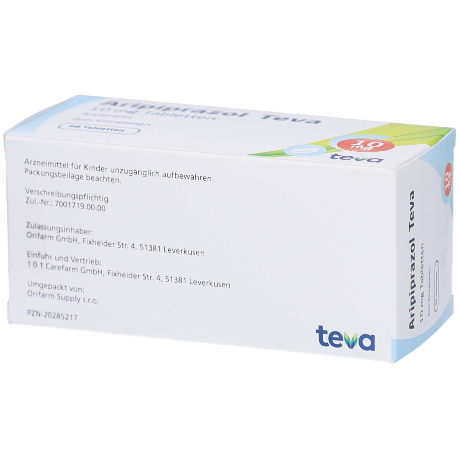 Schachtel ARIPIPRAZOL Teva 10 mg Tabletten. Rückseite mit Text. Teva-Logo.