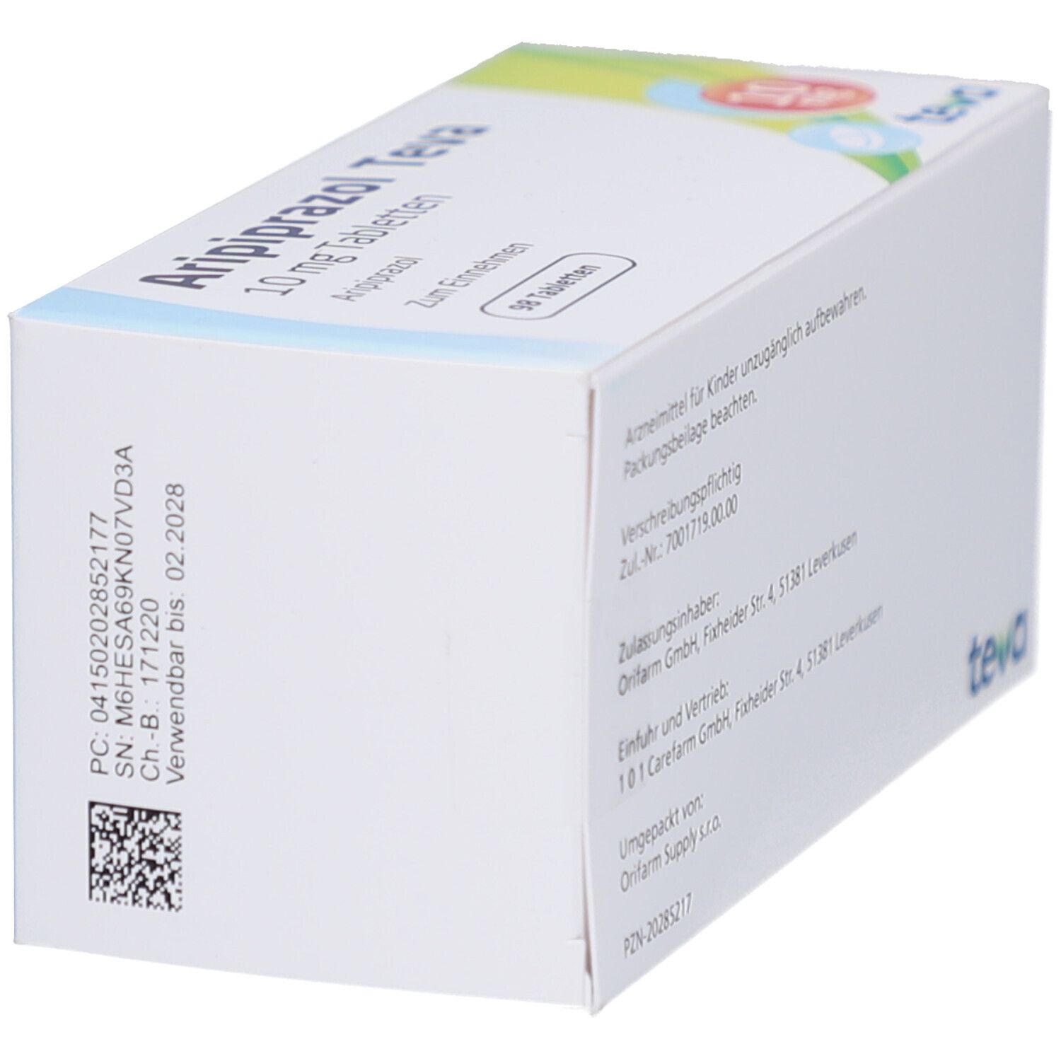 Schachtel ARIPIPRAZOL Teva 10 mg Tabletten. Seite mit Barcode und Text. Teva-Logo.