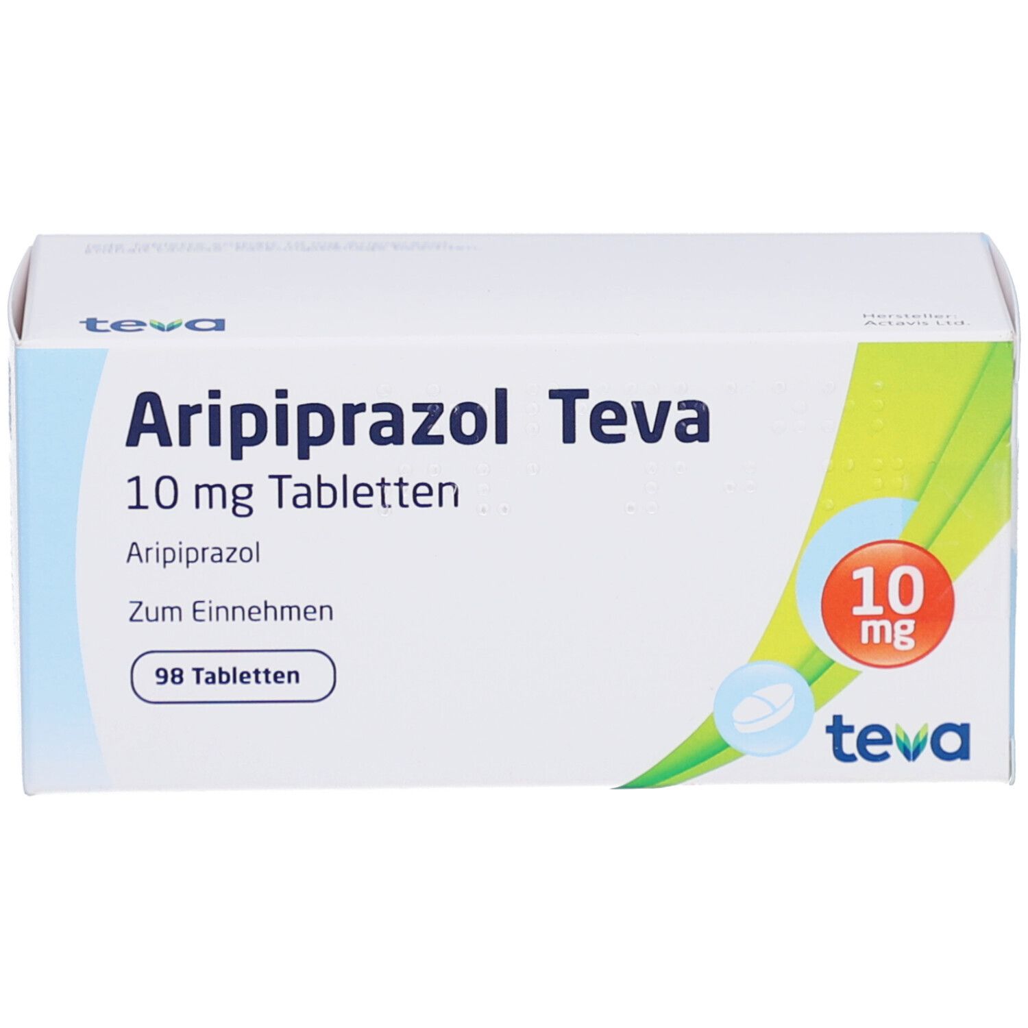 Schachtel mit ARIPIPRAZOL Teva 10 mg Tabletten. Aufschrift: 98 Tabletten, 10 mg. Teva-Logo.