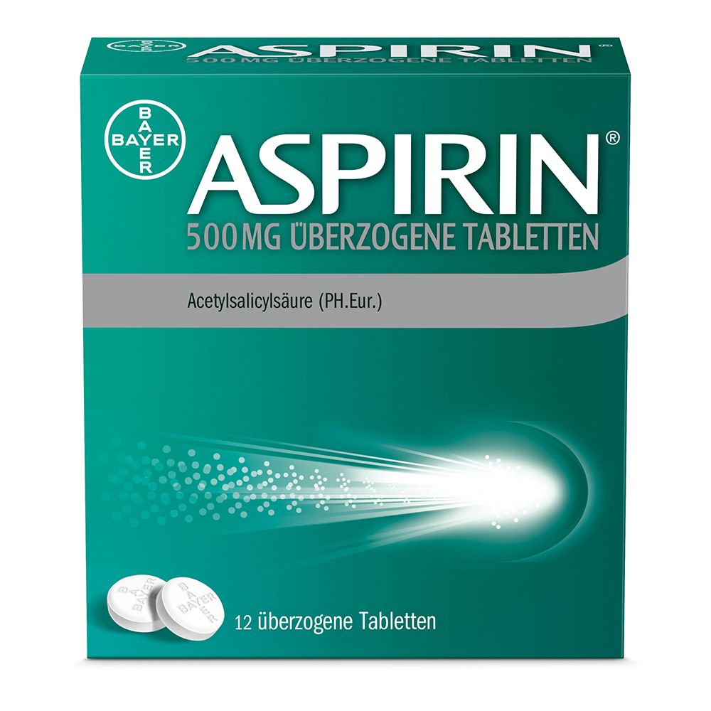 Verpackung von Aspirin 500 mg überzogene Tabletten mit 12 Tabletten.