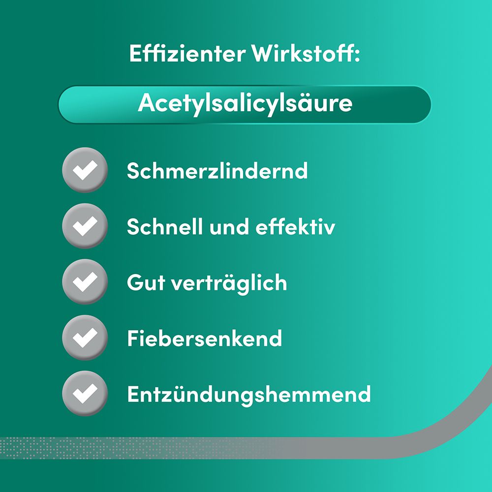 Liste der Vorteile von Acetylsalicylsäure: schmerzlindernd, schnell, gut verträglich, fiebersenkend, entzündungshemmend.