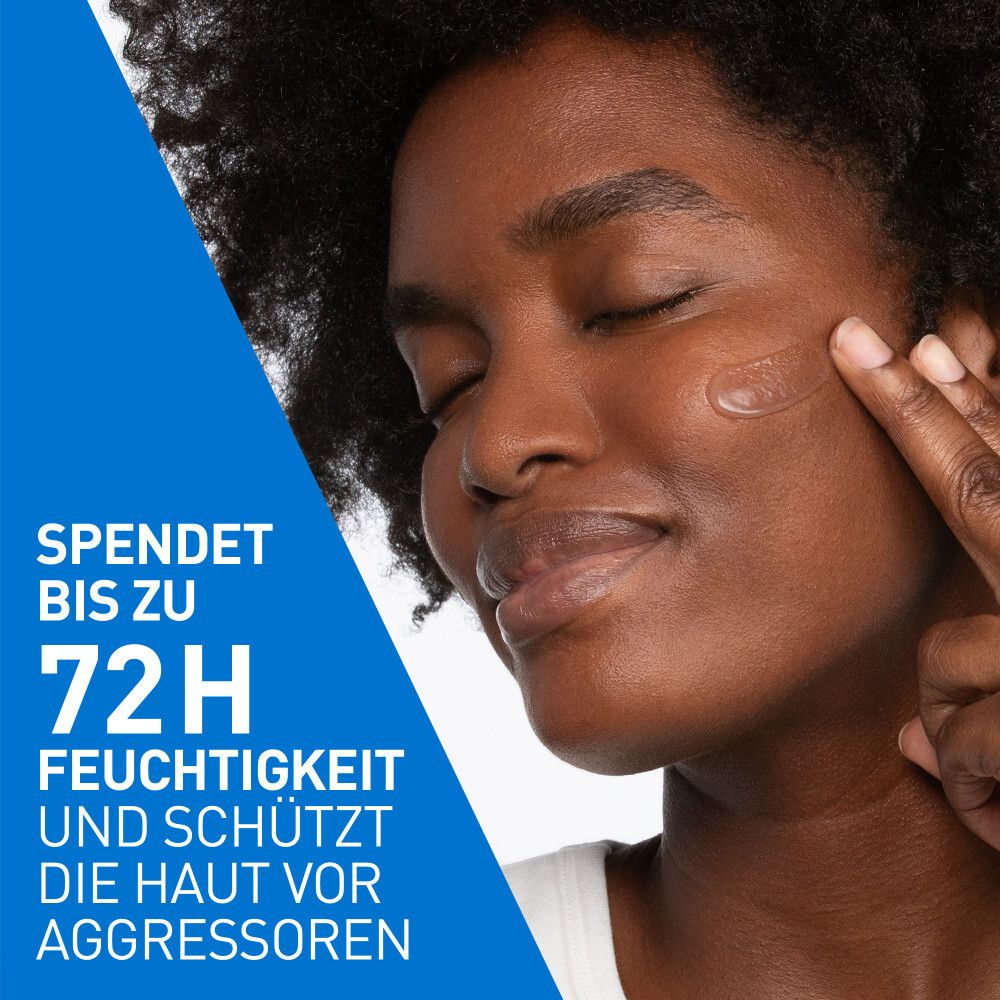 Person trägt Gel auf Gesicht auf. Text: Spendet bis zu 72H Feuchtigkeit und schützt die Haut vor Aggressoren.