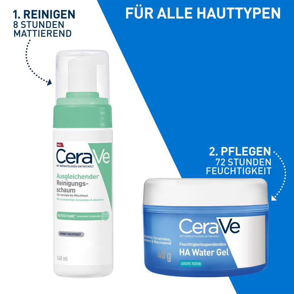 Zwei Produkte nebeneinander: Reinigungsschaum und blaues Tiegel mit weißem Deckel. Aufschrift: CeraVe, HA Water Gel.